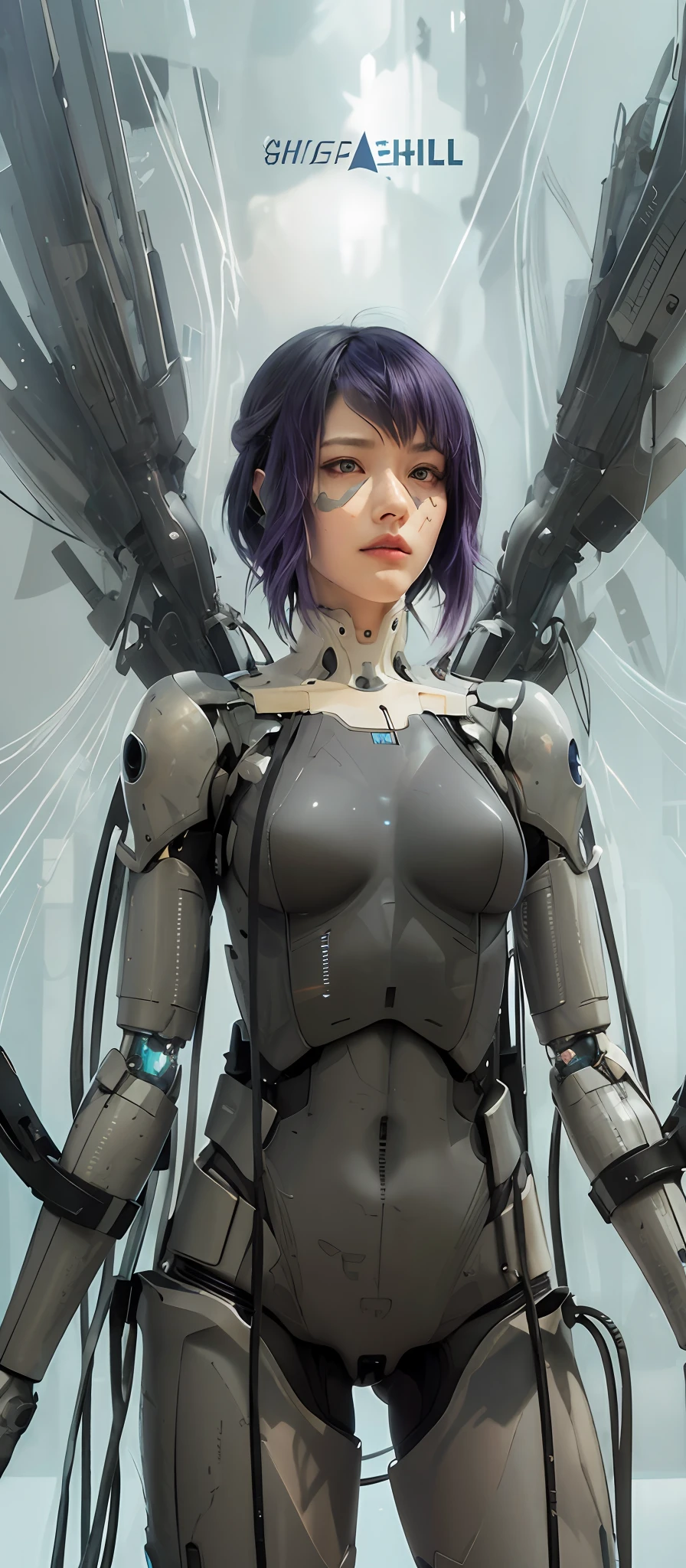 a close up of a woman with purple hair and wings, ghost in the shell art style, ghost in the shell style, futuristic robot angel, beautiful cyborg angel girl, cyborg girl, battle angel, cyborg - girl, biblical female android, anime robotic mixed with organic, joao ruas, scifi woman, sci-fi female, cute cyborg girl, motoko kusanagi