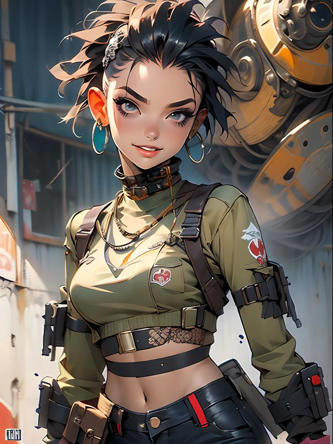 ((( corpo inteiro ))), master part, best quality, super detalhe, 8k, mulher linda, Tank Girl com cara de maluca, sorriso malicioso , cabelo moicano verde, garota punk, shorts curt com cinta liga, post-apocalyptic world, com um tanque de guerra ao fundo, (( do tanque )), Nijistyle, roupas rasgadas e sujas, moicano curto, sides of shaved head, rosto limpo