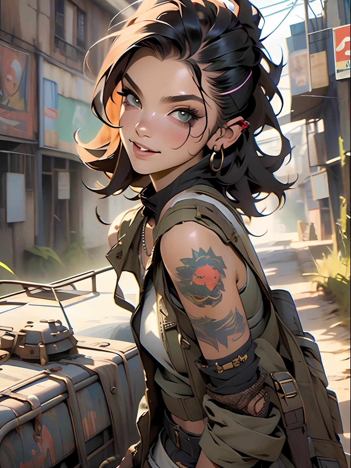 ((( corpo inteiro ))), master part, best quality, super detalhe, 8k, mulher linda, Tank Girl com cara de maluca, sorriso malicioso , cabelo moicano verde, garota punk, shorts curt com cinta liga, post-apocalyptic world, com um tanque de guerra ao fundo, (( menina do tanque )), Nijistyle, roupas rasgadas e sujas, moicano curto, sides of shaved head, rosto limpo