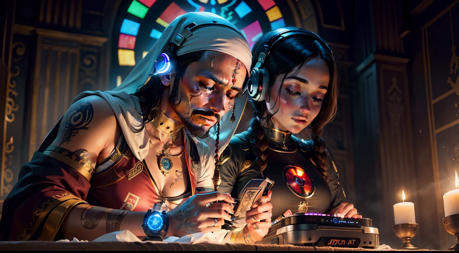 buda dj mezclando musica en un templo junto a una mujer sacerdotisa tantrica joven con tatuajes ,percings y una mascara de iron man foto ultra realista --auto