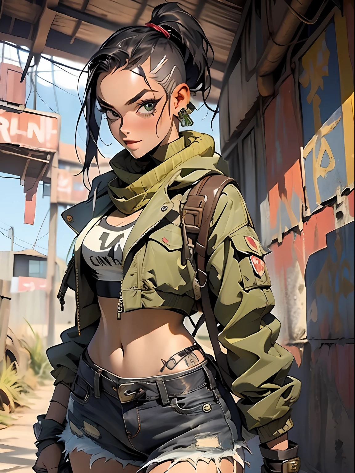 ((( corpo inteiro ))), master part, best quality, super detalhe, 8k, mulher linda, Tank Girl com cara de maluca, sorriso malicioso , cabelo moicano verde, garota punk, shorts curt com cinta liga, post-apocalyptic world, com um tanque de guerra ao fundo, (( menina do tanque )), Nijistyle, roupas rasgadas e sujas, moicano curto, sides of shaved head, rosto limpo