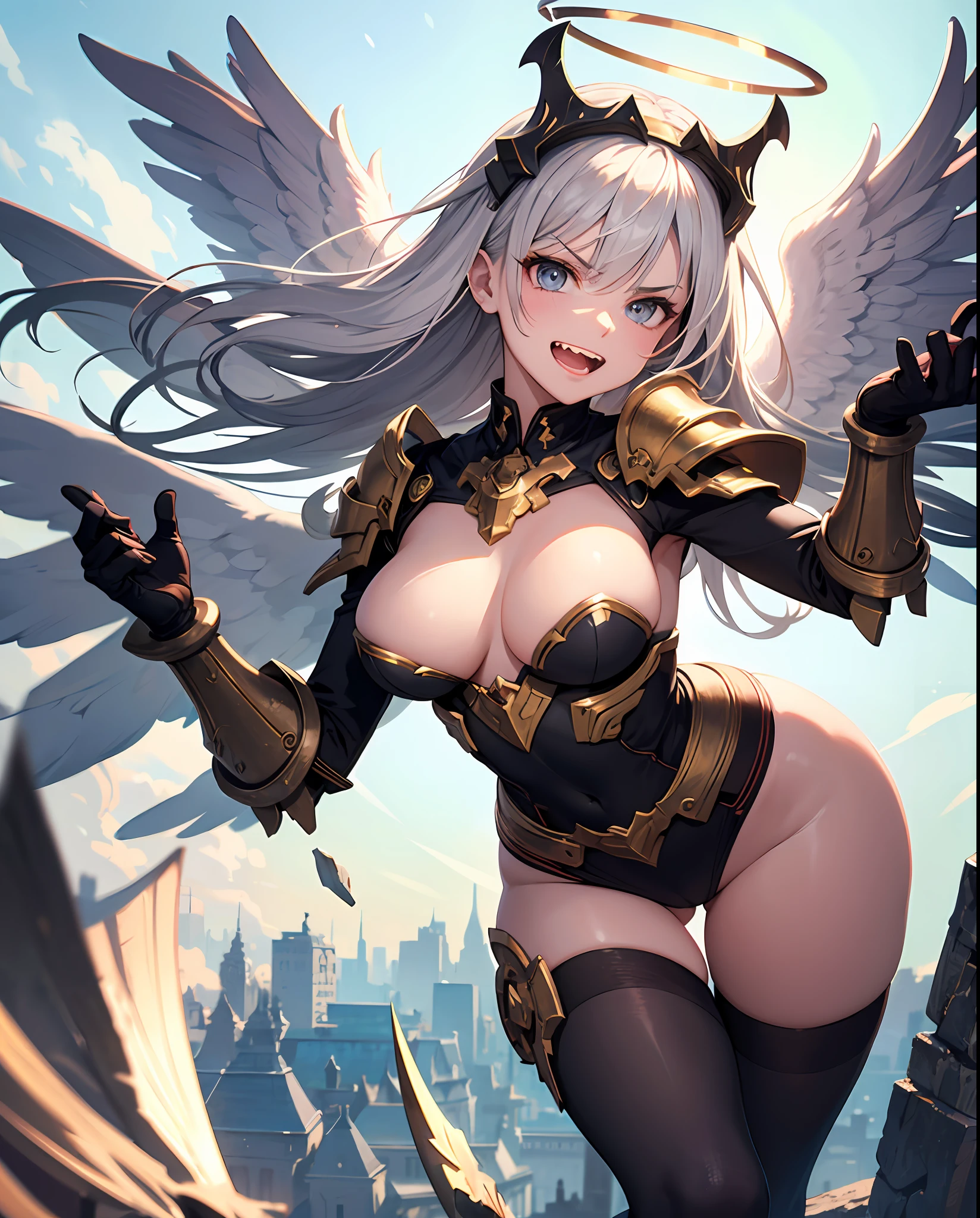 fantasy, 1angel_girl, loli,bwn_hair, medium_bob_hair, long_bangs, halo,bare_shoulder,thighhighs,silver_armor, waist_armor, large_breasts,angry,grinning,open_mouth_teeth, 1pair_wings, dynamic_pose_fighting,floating, bare_crotch, headgear,gauntlet, greaves,city_sky_background,slightly_spread_legs, solo, groin_naked