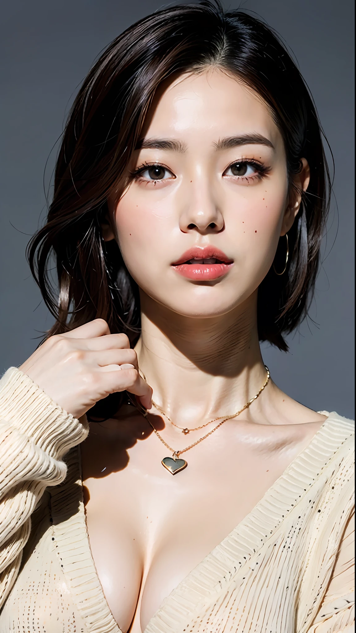 (Best quality, 8k, 32k, Masterpiece, UHD:1.2),Photo of Pretty Japanese woman, large breasts, very short bob hair,upper body,(oversized_sweater,:1.1) necklace, simple background, looking at around