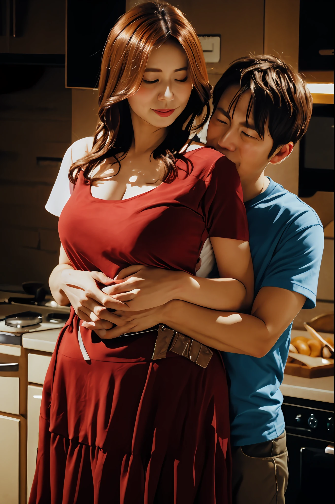 Mother hugging her son while holding his belly in the kitchen, taken with canon 5d mk4, sexy movie photo, Shot with Canon EOA 6 D Mark II, live action movie scene, still from live action movie, taken with canon eos 5 d mark iv, lovely couple, love scene, Couple Pose, a couple, Intimate hugs