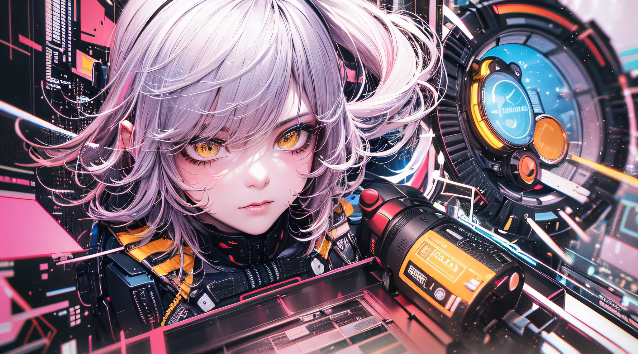 a japanese girl, Realistic, Light pink and yellow, charming character illustrations, yellow, Black and pink, Cyberpunk, Look down diagonally to the right, Icy stare, striated hair, multicolored hair, Silver hair, Pink hair, Empty eyes, makeup, Crazy, scowl, Jitome, Digital Art, surrealism, high detailing, Cubist Futurism, A futuristic, Realism, Glowing light, high detailing, Cubist Futurism, emphasis lines, NIKON, close-up, Textured skin, high details, awardwinning, hight resolution, Best Quality, nffsw, retinas, masutepiece, ccurate, Anatomically correct, Textured skin, Super Detail, high details, High quality, awardwinning, Best Quality, hight resolution