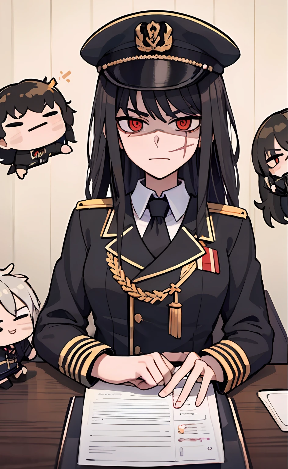 (masterpiece, best quality: 1.2), Solo, 1girl, Yoru \(Chainsaw Man\), looking at the viewer, different poses, red eye, long hair, completely black hair, reference to clothing of a German WWII general, black long sleeves (best quality), scar on face, beautiful eyes, has only 2 arms, has war medals on his clothes,  Black Military Cap, Golden Eagle Medal on Clothing, (Wallpaper), (8K HD), (8K HD), Golden Shoulder Pads, Sprites, 1 Single Design (obra maestra, mejor calidad: 1.2), Solo, 1girl, Yoru \(Chainsaw Man\), mirando al espectador, sonrisa, feliz, diferentes poses, ojo rojos, cabello largo, cabello completamente negro, reference to clothing of a German general from World War II, mangas largas negras (mejor calidad), cicatriz en la cara, hermosos ojos, tiene solo 2 brazos, manos bien hechas, tiene medallas de guerra en su ropa, Gorra militar negra, Golden Eagle Medal in Dress, (fondo de pantalla), (8K HD), (8K HD), hombreras doradas, sprites, 1 single design