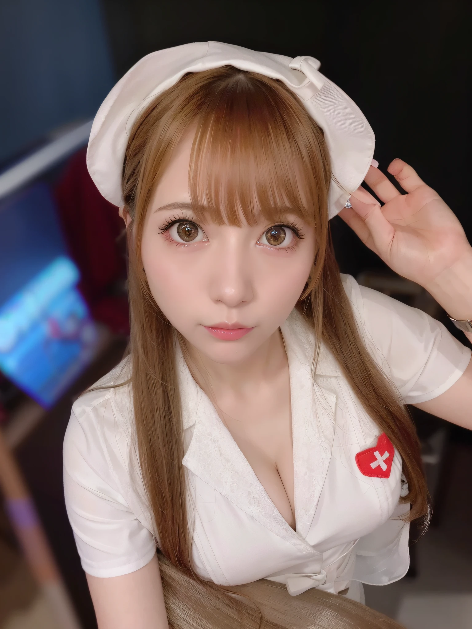 Ala Fed woman in white nurse uniform poses for photo, nurse girl, anime girl cosplay, Sakimi-chan, 8k selfie, Sakimi-chan, real life anime girl, Japan maid café, nurse, close fitting nurse costume, professional cosplay, ayaka cosplay, nurse costume, cute natural anime face, anime cosplay, cleavage, big,