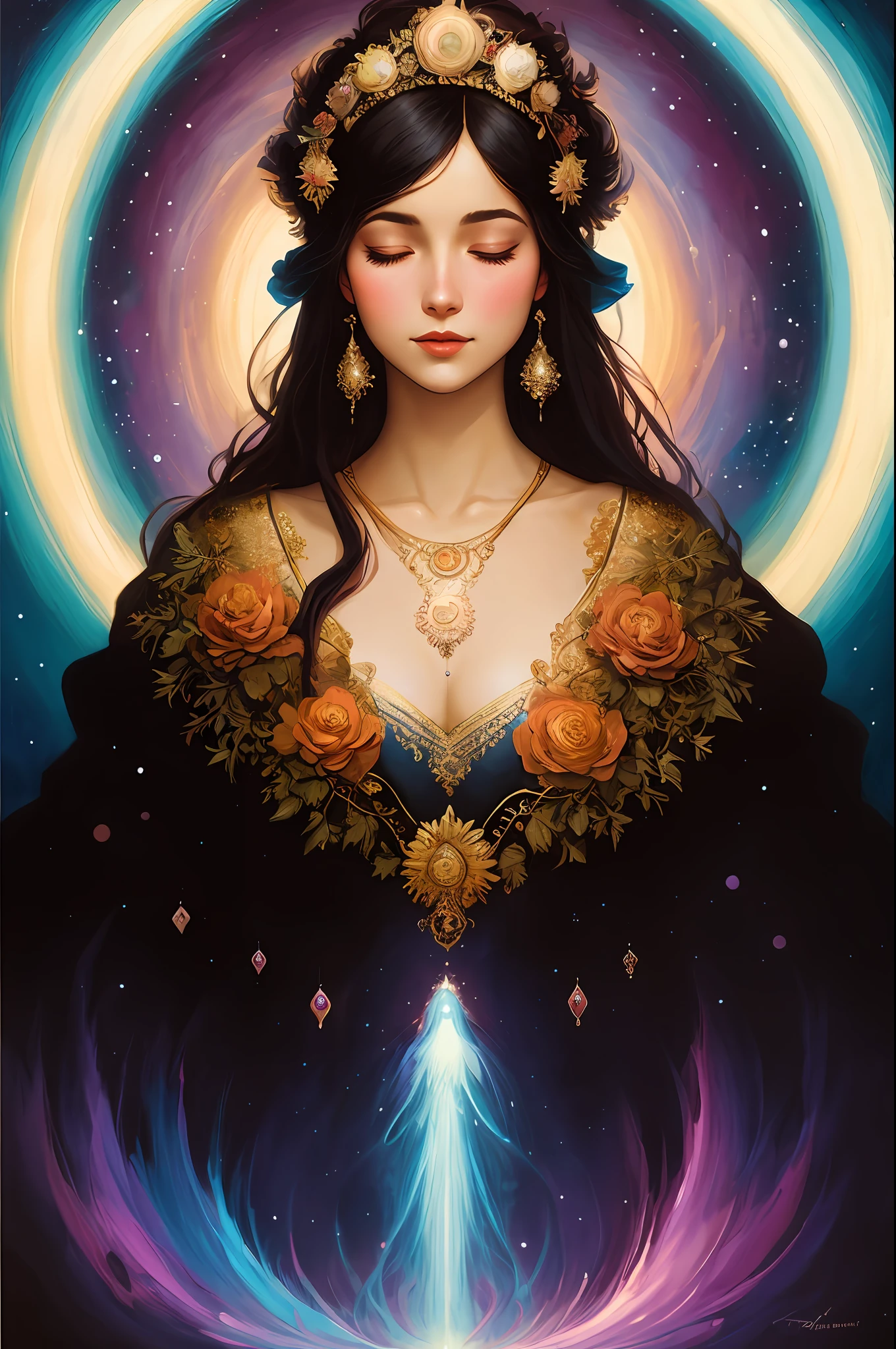 A beautiful Latin woman, full body, looking at the audience, symmetrical, eyes closed, smiling slightly, spiritual awakening, intricate details, cosmos, ethereal, mysterious, complex environments, brushstrokes, lights, Greg Rutkowski, RHADS, Beeple, Makoto Shinkai, Lois van Baarle, Ilya Kuvshinov, Rossdraws, Tom Bagshaw, Alfonse Mucha , masterpiece, super high resolution, high quality,