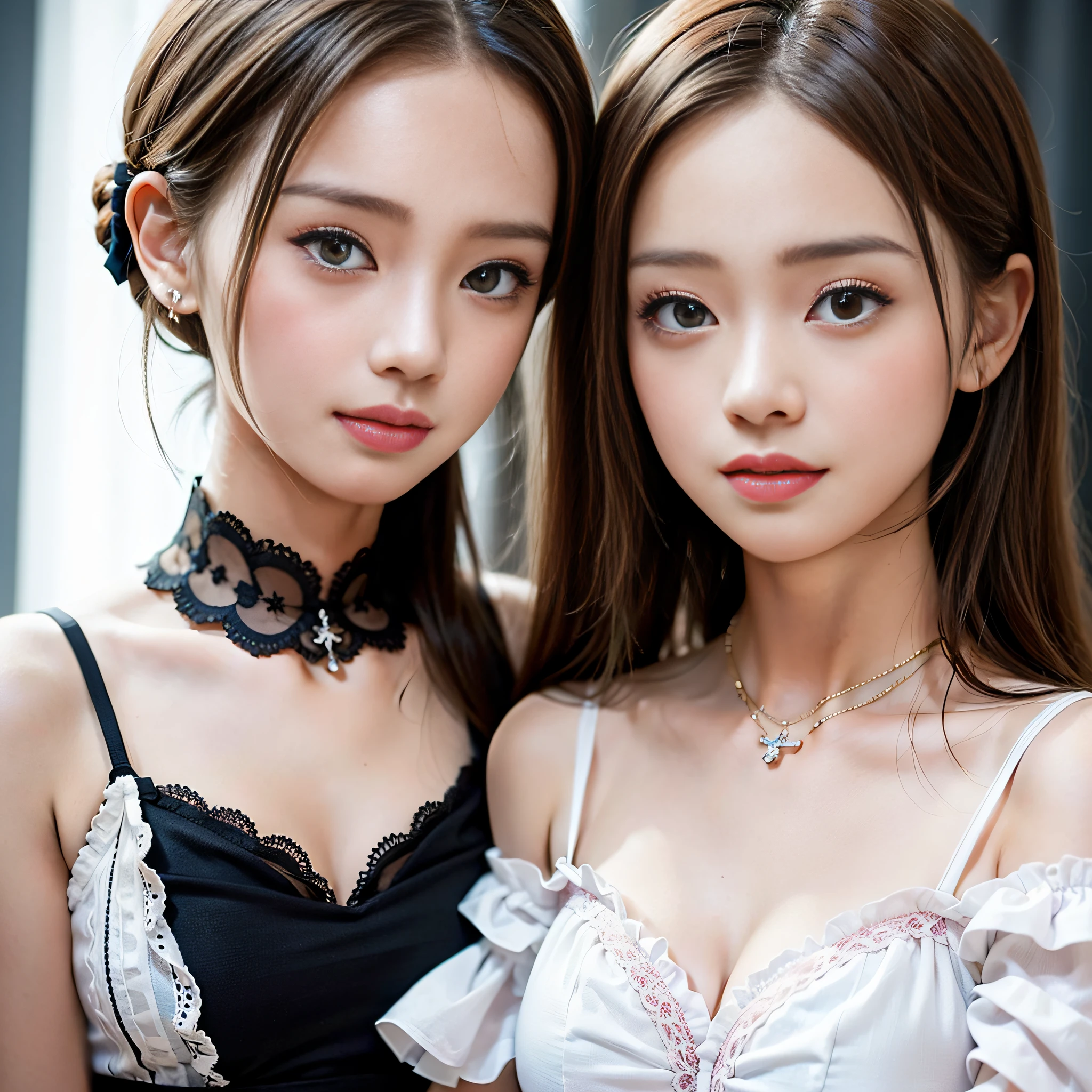top-quality、超A high resolution、Play photo、a photography of a beautiful woman、14-year-old teen、A detailed face、black French twist、(detailed porcelain doll、delicate clothes with a lot of frills and ribbons)、(close up of face)、A smile、enchanted look、Look at viewers、doll face、pink there