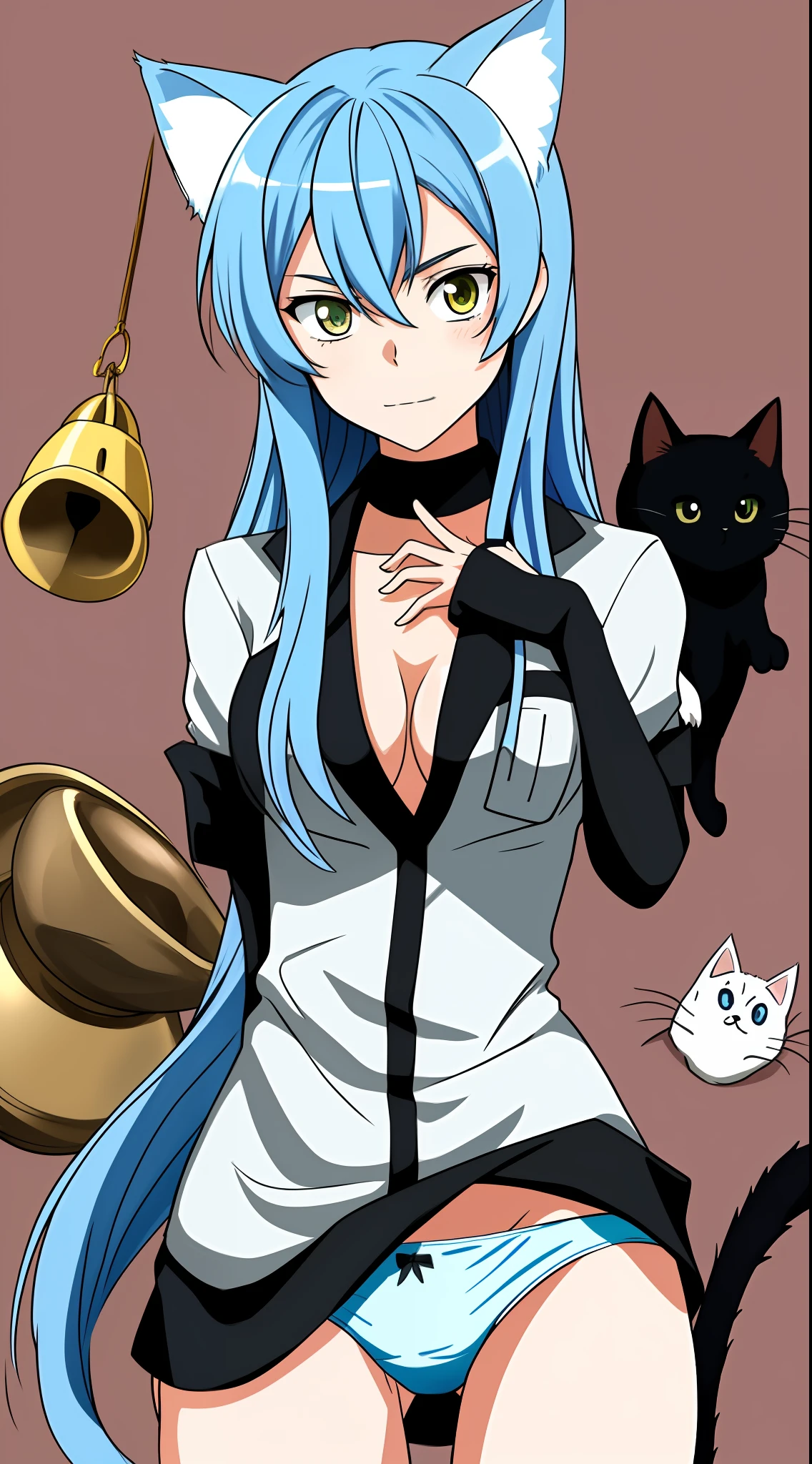 absurdres, best quality, masterpiece, 1girl, ((hand in panties)), medium breasts, bell around neck, cat ears, esdeath in underwear