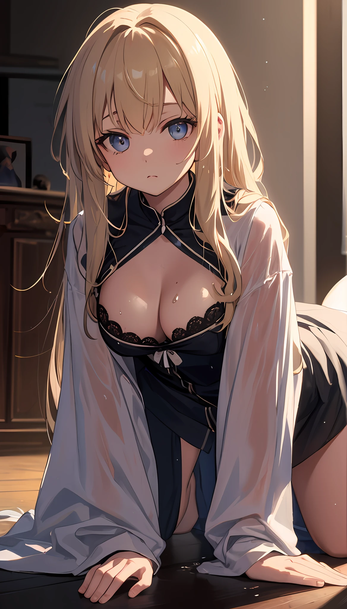 ((tmasterpiece),(best qualtiy))
(ultra-detailliert),(messy hair),The large,cute clothing,Undress,underdressing,chest circumference,
(at twilight,(Dramatic lighting)),(soft focus)
(vivd colour),(Enigmatic Atmosphere),wet blouses,on the floor on all fours