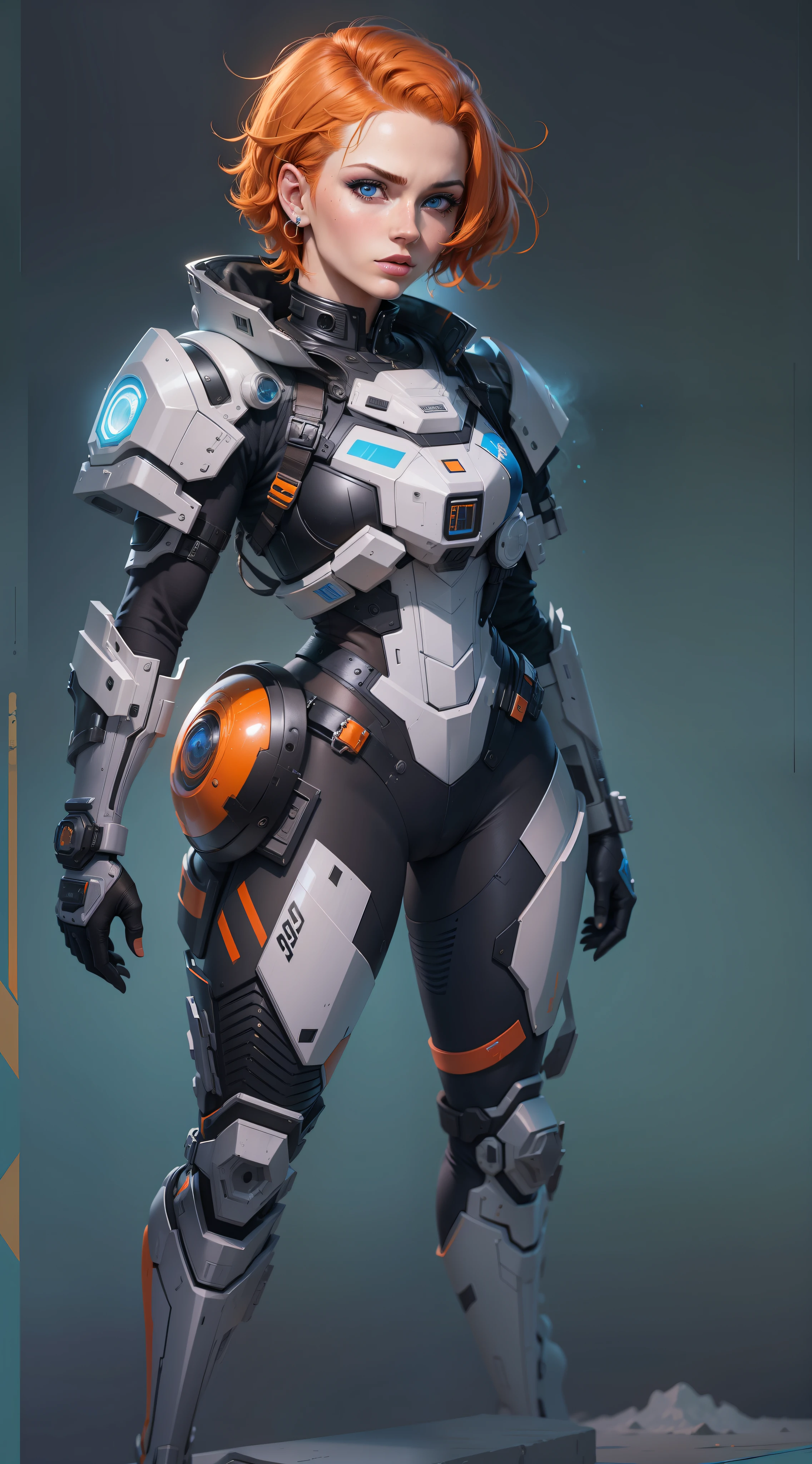 26 years old, short hair, orange hair, side shaved, hyper realistic face, highly detailed, blue eyes, vivid colors, dramatic colors, vaporwave, Coloring, Foaming, ArtStation Painting, 110,781,000,000 pixel resolution