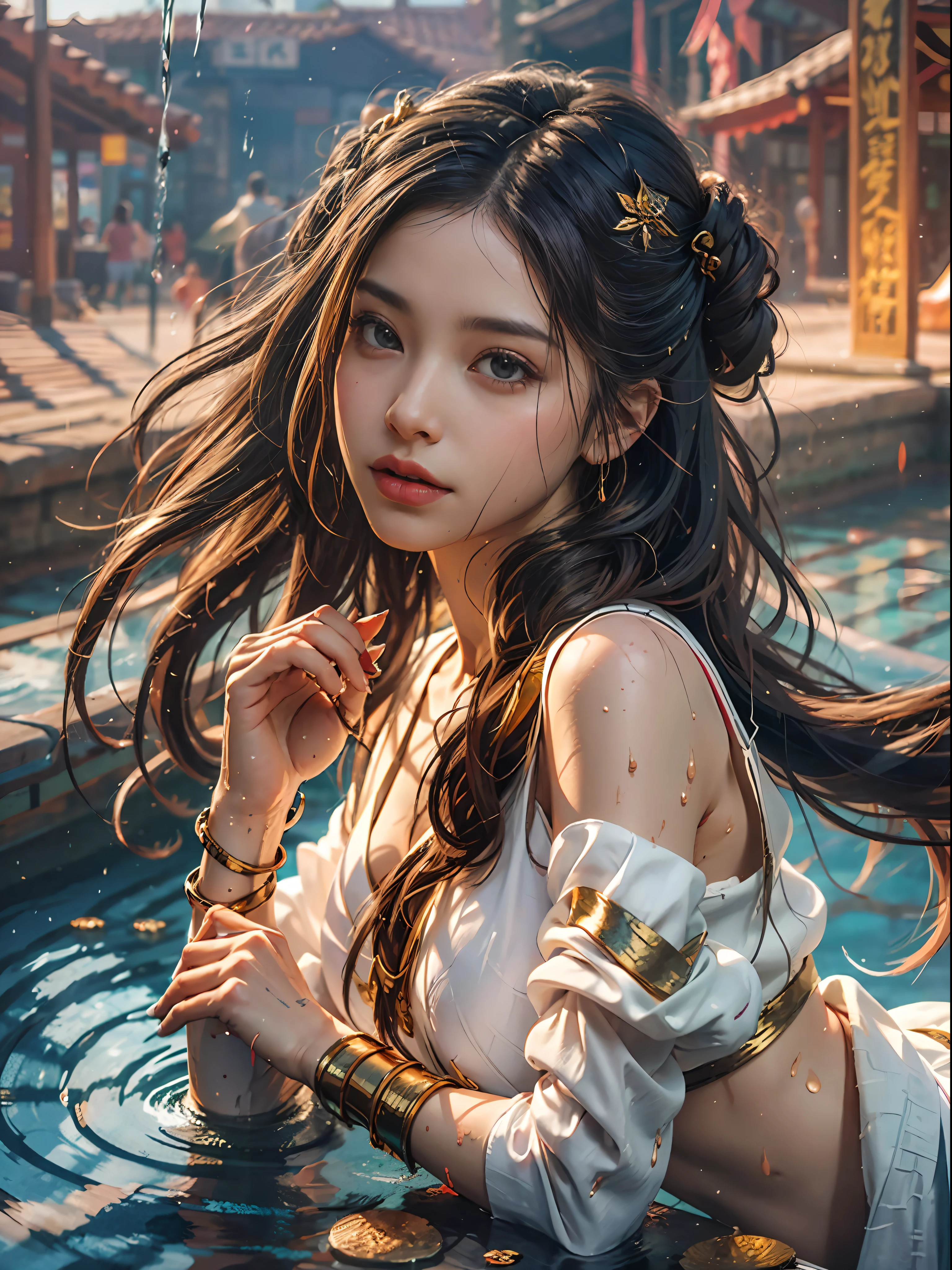 A Buddhist Bodhisattva Girl, (Masterpiece, Top Quality, Best Quality, Official Art), (KPOP idol), (Super Long Hair, Messy Long Flowing Hair, Light Pink Long Hair), Delicate Jewelry, Delicate Bracelet, Delicate Hair Ornament, High Feeling, Aperture in the Back, Fairy Fluttering, Looking Up View, Barefoot, Golden Bracelet on Ankle, Ancient Chinese Costumes, (Conservative Clothes), (Gorgeous Silk, Flowing Tulle, Flying Silk Around), dazzling background, Golden aperture on the back, gold Falun on the back, best light, best shadow, movie lighting, mystery, background pure black with ring aperture, ultra HD, 8k, fair skin, Wolp_style, duhuang_style, upper body close-up, detailed face, (sideways: 1.5), 28 years old, 1girl, well-dressed, super long clothes, one leg on the ground, left hand to do Buddha hand on chest, the other raised above the head to do bergamot, surrealism, photo, realistic,{(Surfacing from the clear pool,(Splashes around the body: 2.0), Splashes, Water ripples)}, (Wet clothes: 1.5) (Wet body: 3.0), (Wet hair: 1.5)}, Mid-chest, 48KG weight, smooth skin, light blue pupils, detailed eye painting, (Super white skin, supple skin), (Face focus, bending over to look at the camera, snap), light hitting the face