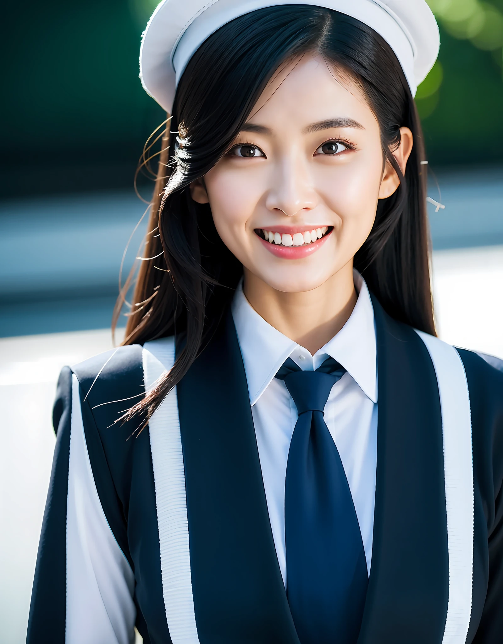 Asian flight attendant in uniform, Long black hair pulled back under the hat, Light smile, Realism, Cinematic lighting, angle of view, f/1.8, 35mm, Nikon, Masterpiece, hyper HD, Anatomically correct, Textured skin, Super detail, Award-Awarded, Best quality, 8K
