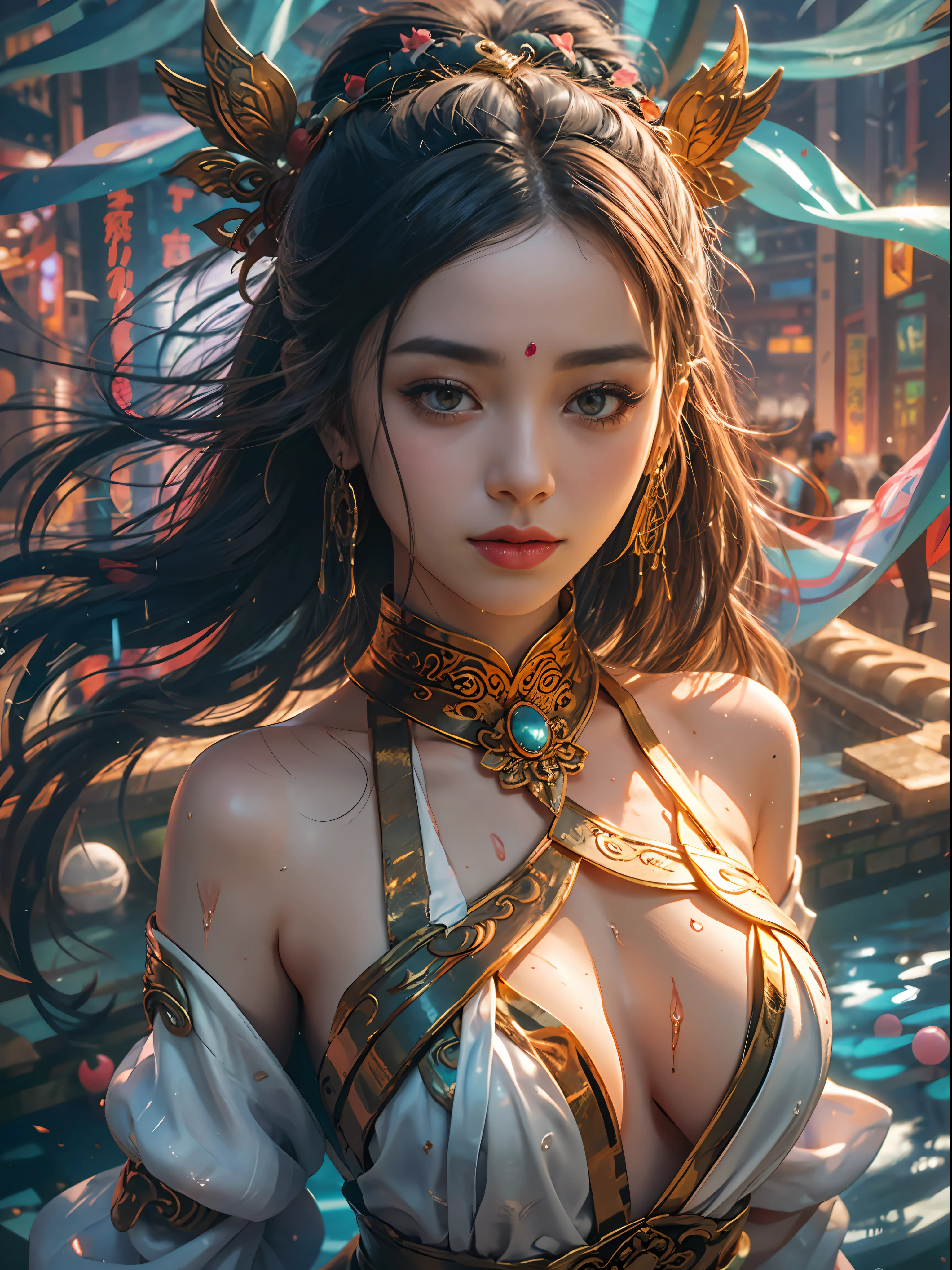 A Buddhist Bodhisattva Girl, (Masterpiece, Top Quality, Best Quality, Official Art), (KPOP idol), (Super Long Hair, Messy Long Flowing Hair, Light Pink Long Hair), Delicate Jewelry, Delicate Bracelet, Delicate Hair Ornament, High Feeling, Aperture in the Back, Fairy Fluttering, Looking Up View, Barefoot, Golden Bracelet on Ankle, Ancient Chinese Costumes, (Conservative Clothes), (Gorgeous Silk, Flowing Tulle, Flying Silk Around), dazzling background, Golden aperture on the back, gold Falun on the back, best light, best shadow, movie lighting, mystery, background pure black with ring aperture, ultra HD, 8k, fair skin, Wolp_style, duhuang_style, upper body close-up, detailed face, (sideways: 1.5), 28 years old, 1girl, well-dressed, super long clothes, one leg on the ground, left hand to do Buddha hand on chest, the other raised above the head to do bergamot, surrealism, photo, realistic,{(Surfacing from the clear pool,(Splashes around the body: 2.0), Splashes, Water ripples)}, (Wet clothes: 1.5) (Wet body: 3.0), (Wet hair: 1.5)}, Mid-chest, 48KG weight, smooth skin, light blue pupils, detailed eye painting, (Super white skin, supple skin), (Face focus, bending over to look at the camera, snap), light hitting the face