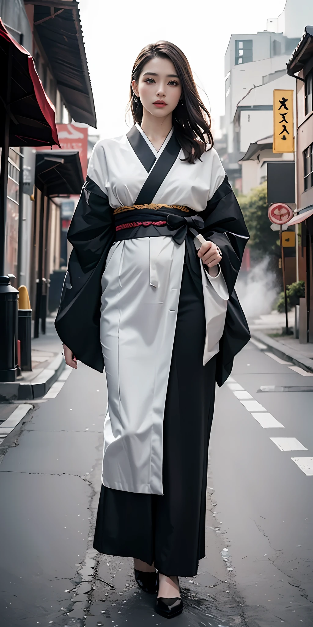 RAW, ​masterpiece, ultra fine photos,, top-quality, 超A high resolution, Photorealsitic, sunlights, Full body portrait, stunningly beautiful, combat pose, delicated face, vibrant eyes, (front-facing view，full bodyesbian), She wears a kimono, White or black color scheme, I have a sword, A detailed face, Detailed and complex busy background, Messy and gorgeous, Rich plump breasts, High detail skin, realistic skin detail、Visible Pore、foco nítido、volumetric fog、8K UHD、dslr camera、hightquality、film grains、fair white skin、photorealisim、Lomography、view from below、semi transparent