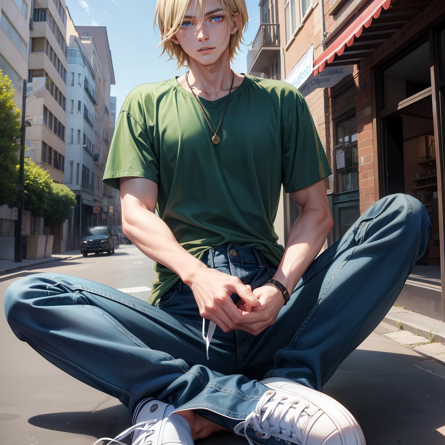 one guy, neck-length blond choppy hair, beautiful dark blue eyes, green shirt, jeans, sneakers, photographer