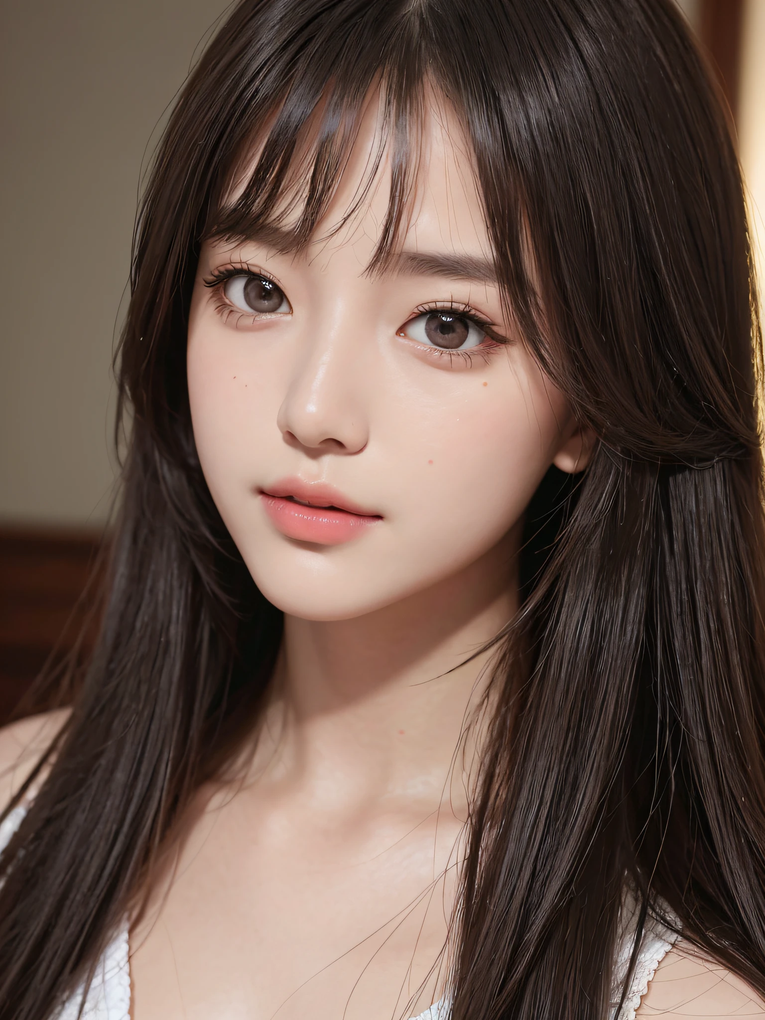 tmasterpiece， Best Picture Quality， high high quality， Beutiful women， japanes， Popular Korean makeup， A detailed， Swollen eyes， Detailed eyes， Detailed skins， Beautiful skins， 超A high resolution， （Realistis： 1.4）， is very beautiful， Slightly younger face， Beautiful skins， slim， （Ultra photo realsisim）， （illustratio）， （A high resolution）， （8K）， （The is very detailed） （Most Best Illustration）， （Beautiful detailed eyes）， （ultra-detailliert）， （the wallpaper）， （A detailed的脸）， looking at viewert， finely detailled， A detailed的脸，pureerosfaceace_v1，ssmile，Staring straight ahead，Staring straight ahead，From the angle of waist up，photograph of-realistic，Bright lights，profesional lighting，silber hair，long whitr hair，Dark ruins，Big Red Moon，shift dresses，Mature woman，Long, stylish bangs，