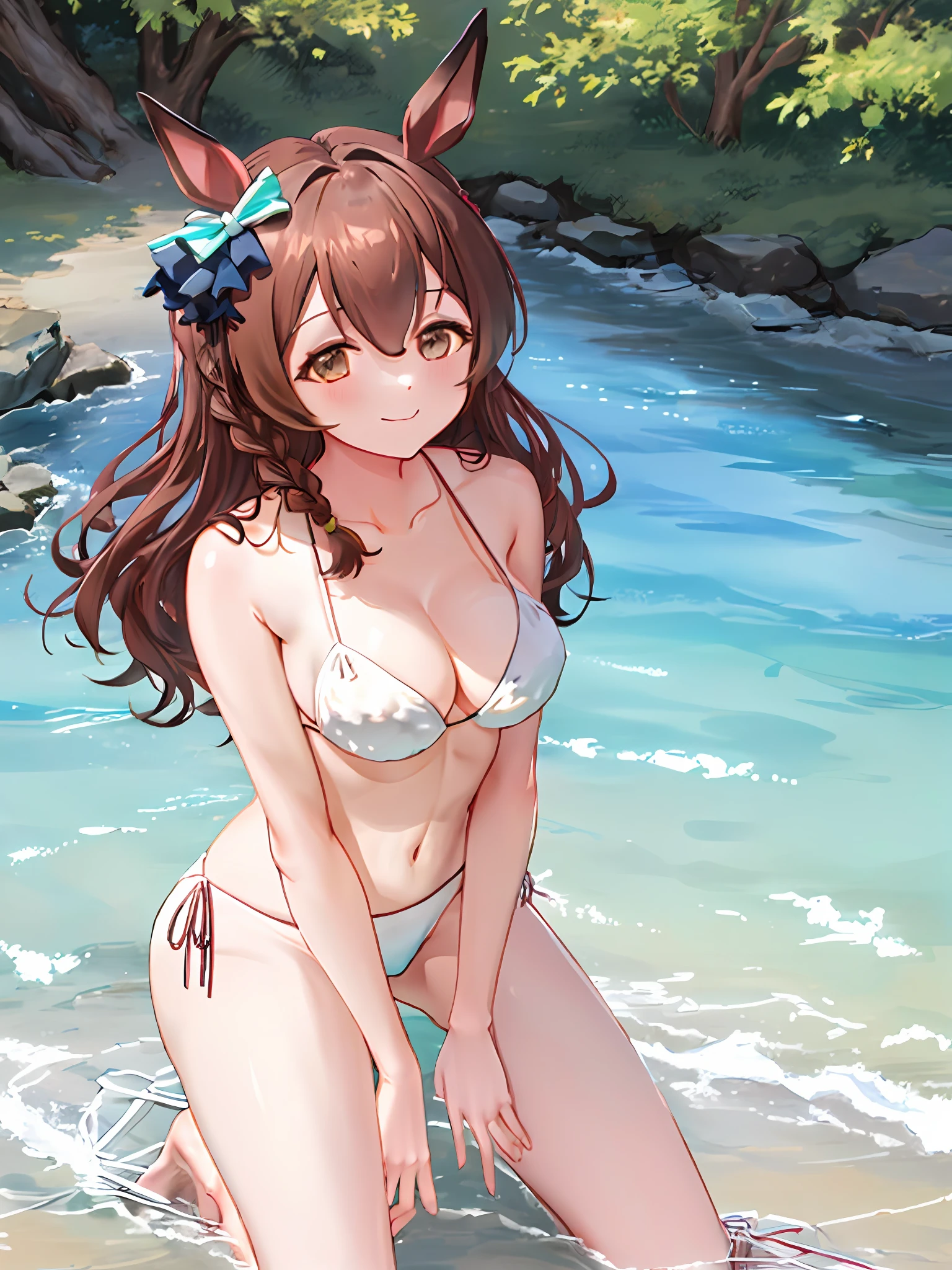 Mejiro_Bright_(Umamusume), 1girl in, Solo, Umamusume, Horse Girl, Horse ears, Horse tail, Brown eyes, Brown hair, Long hair, lightsmile, ear bow, happy smile,girl friend,(White Bikini:1.5),summer vacation,private beach,perfect anatomy,from side