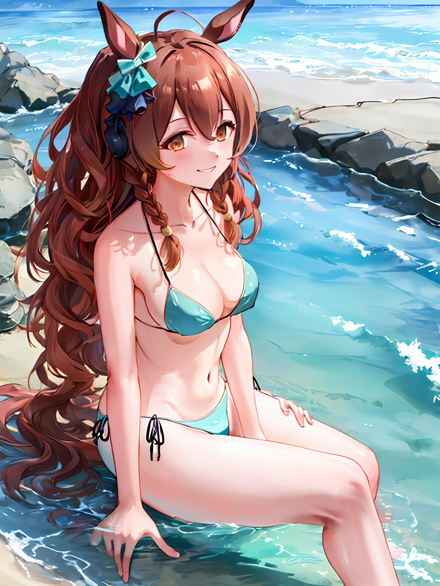 Mejiro_Bright_(Umamusume), 1girl in, Solo, Umamusume, Horse Girl, Horse ears, Horse tail, Brown eyes, Brown hair, Long hair, lightsmile, ear bow, happy smile,girl friend,(White Bikini:1.5),summer vacation,private beach,perfect anatomy,from side