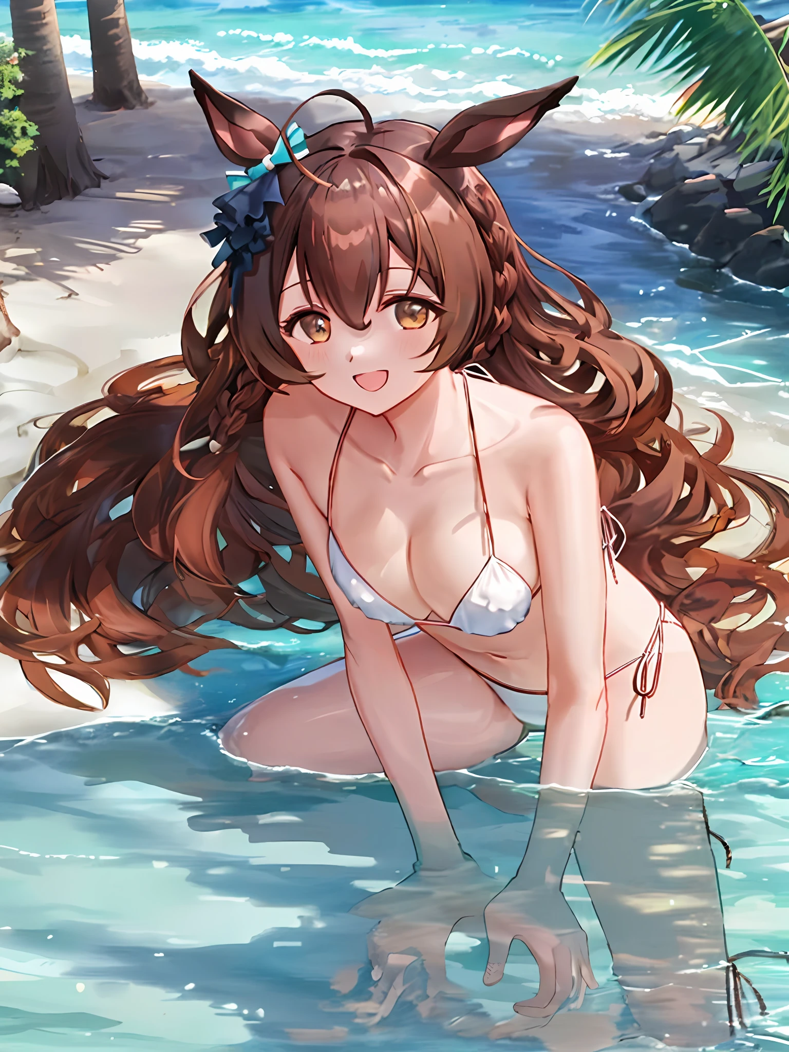 Mejiro_Bright_(Umamusume), 1girl in, Solo, Umamusume, Horse Girl, Horse ears, Horse tail, Brown eyes, Brown hair, Long hair, lightsmile, ear bow, happy smile,girl friend,(White Bikini:1.5),summer vacation,private beach,perfect anatomy,from side