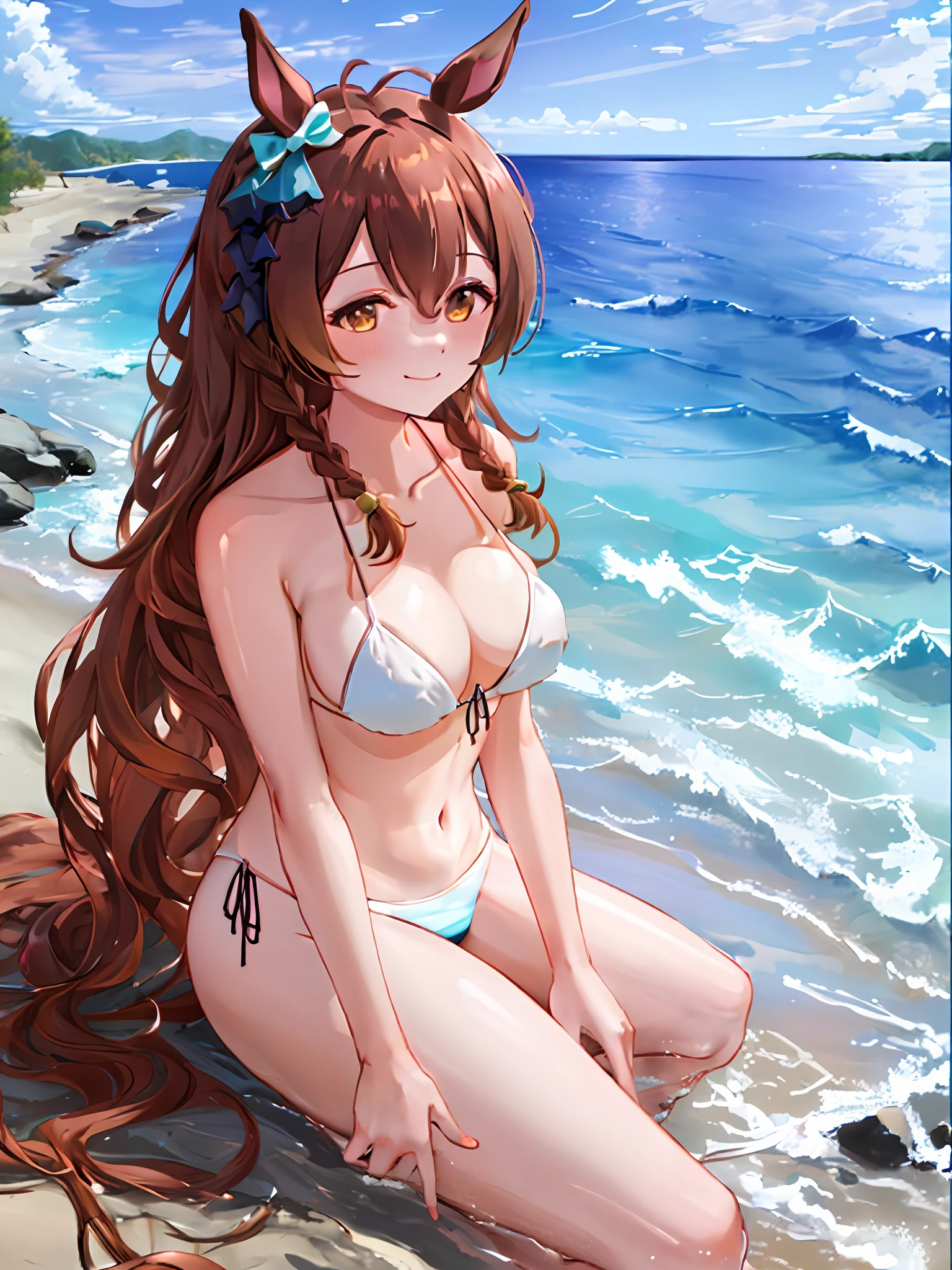 Mejiro_Bright_(Umamusume), 1girl in, Solo, Umamusume, Horse Girl, Horse ears, Horse tail, Brown eyes, Brown hair, Long hair, lightsmile, ear bow, happy smile,girl friend,(White Bikini:1.5),summer vacation,private beach,perfect anatomy,from side