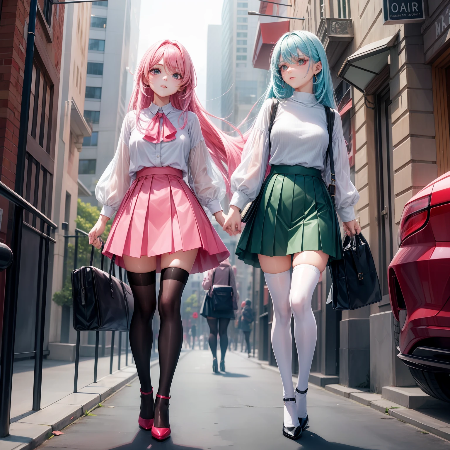 a girl, long pink and blue hair, beautiful black eyes, colored tights, white blouse, short green skirt, red high heels, purse in hand.