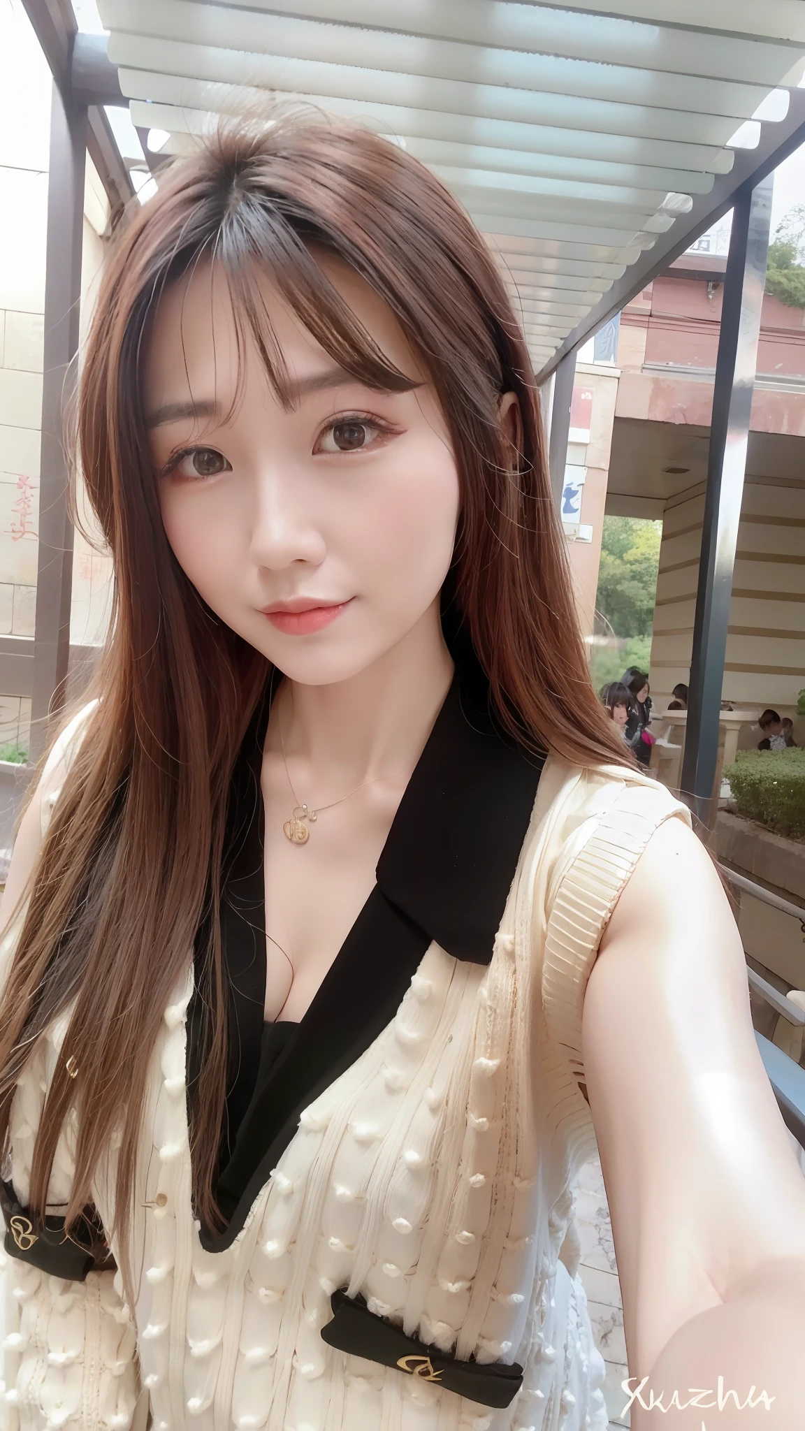 Arakfi woman posing for photo with long hair and white sweater, 8k selfie photograph, xintong chen, xision wu, wenfei ye, ulzzangs, shaxi, inspired by Ma Yuanyu, Yoshitomo Nara, dilraba dilmurat, chengyou liu, Zhang Wanting