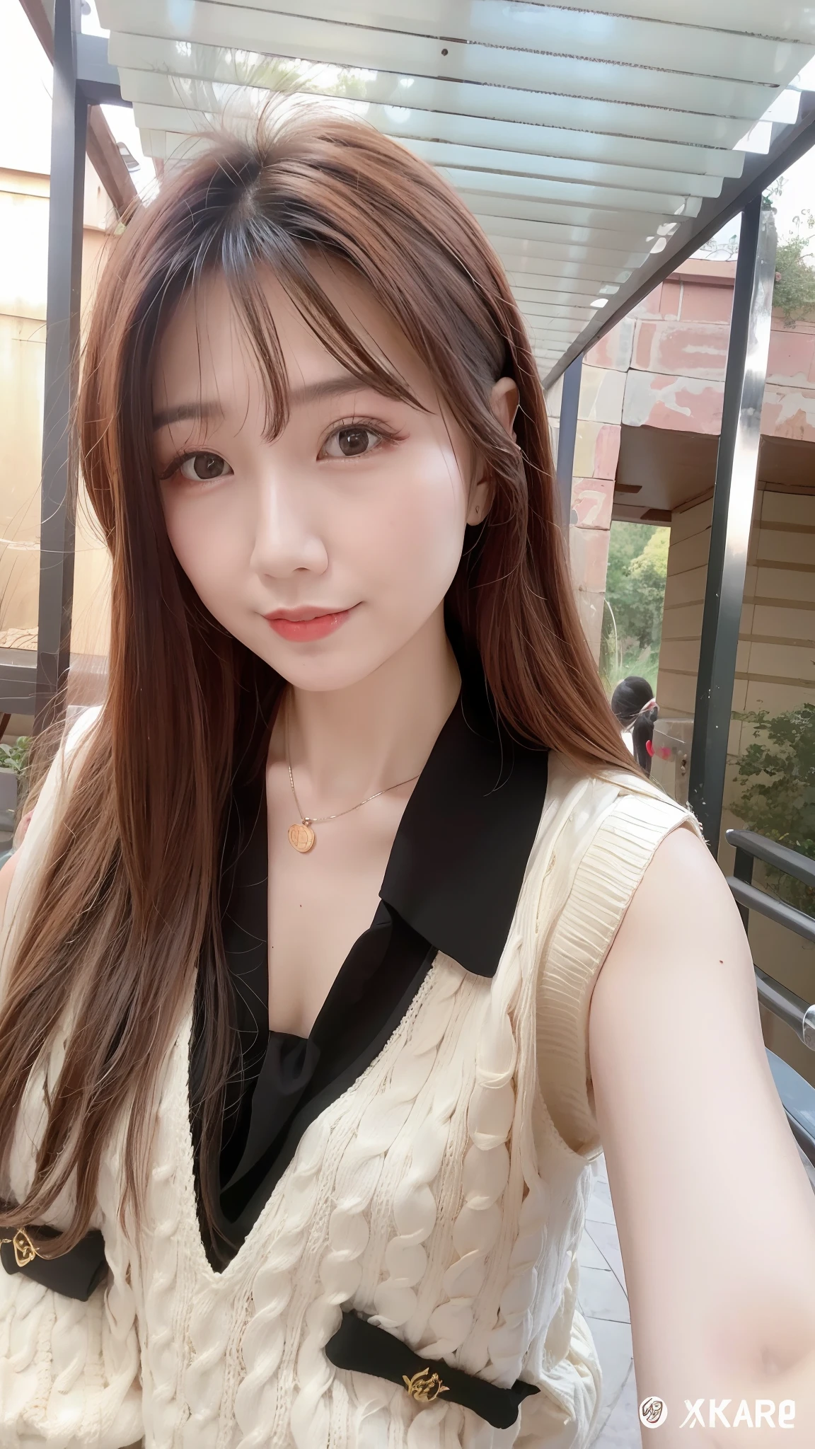 Arakfi woman posing for photo with long hair and white sweater, 8k selfie photograph, xintong chen, xision wu, wenfei ye, ulzzangs, shaxi, inspired by Ma Yuanyu, Yoshitomo Nara, dilraba dilmurat, chengyou liu, Zhang Wanting