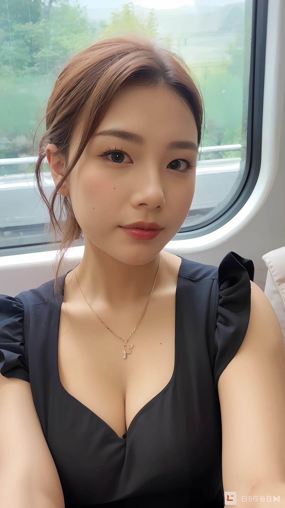 Araf woman in black dress sitting on train looking at camera, 2 8 years old, 2 7 years old, 2 9 years old, 3 2 - year - old, 30 year-old woman, 3 0 years old woman, 38 years old, Gorgeous young Korean woman, 3 6 years old, beautiful Korean women, 2 3 years old, 8k selfie photograph