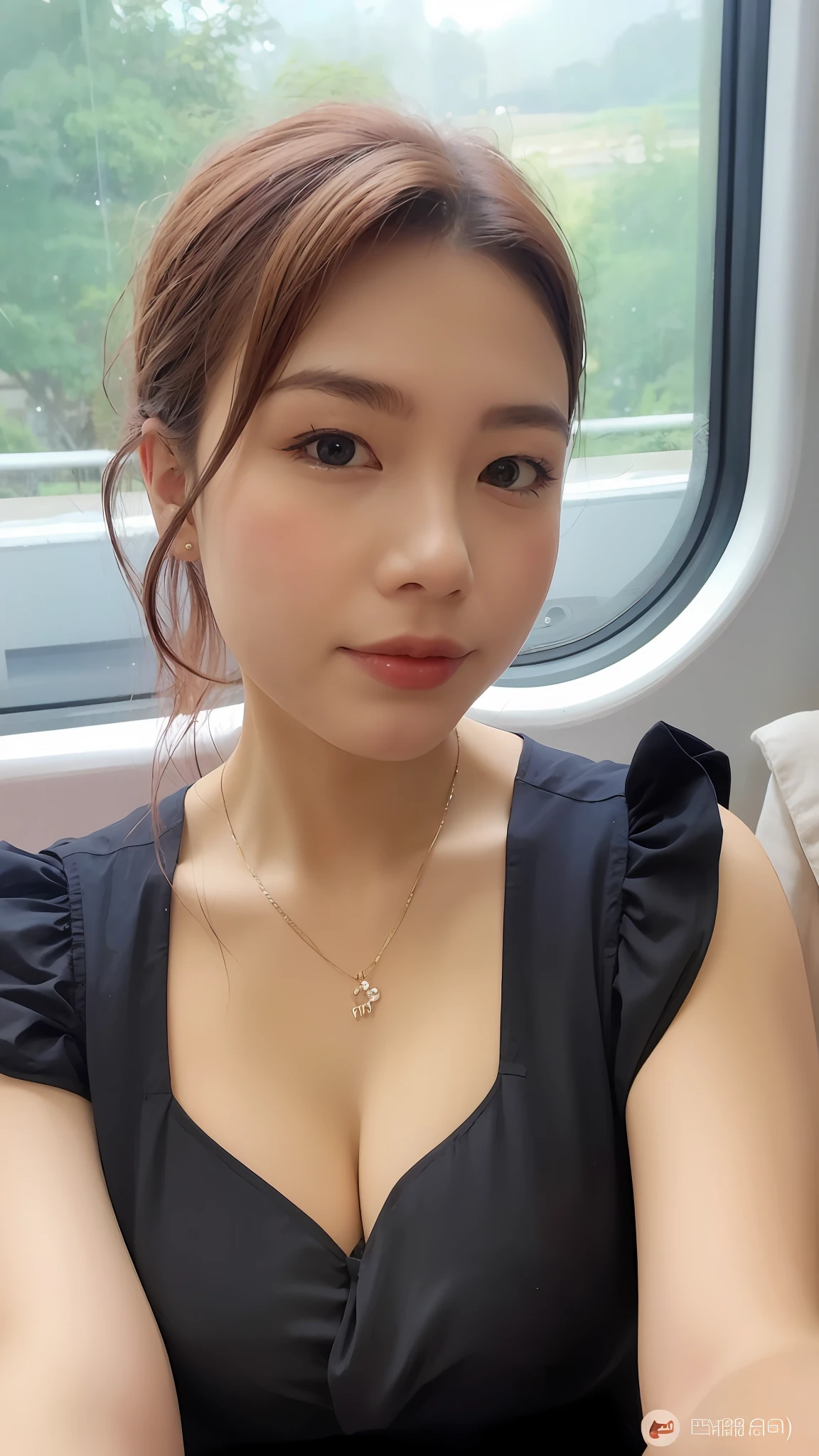 Araf woman in black dress sitting on train looking at camera, 2 8 years old, 2 7 years old, 2 9 years old, 3 2 - year - old, 30 year-old woman, 3 0 years old woman, 38 years old, Gorgeous young Korean woman, 3 6 years old, beautiful Korean women, 2 3 years old, 8k selfie photograph
