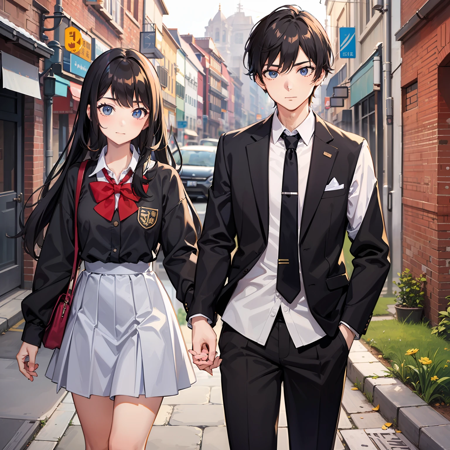 couple, a boy and a girl, the girl with long blond hair, the boy with short black hair, both in school uniform, in the background a path to school