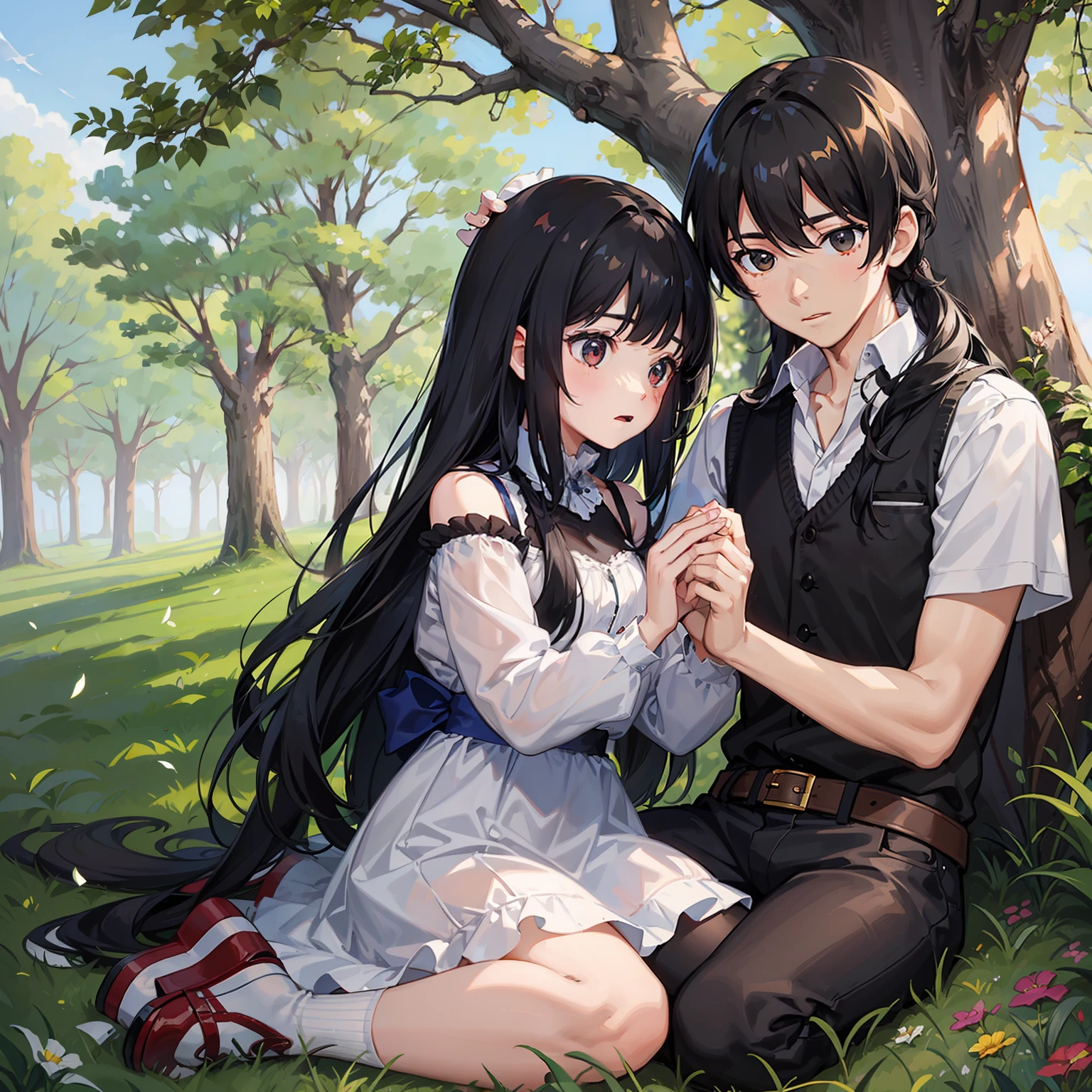 two children playing under a tree, the girl with long black hair, the boy with short black hair,