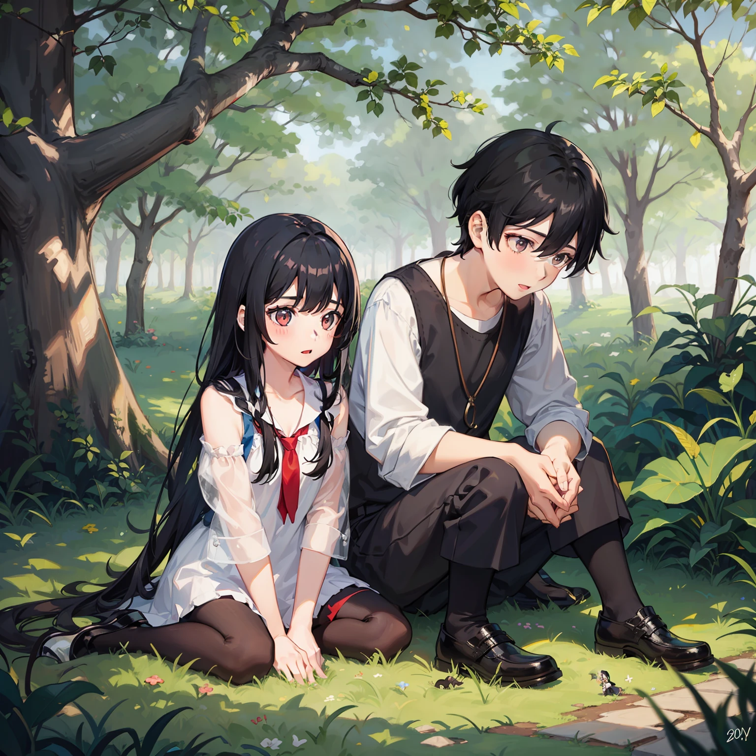 two playing under a tree, the girl with long black hair, the boy with short black hair,