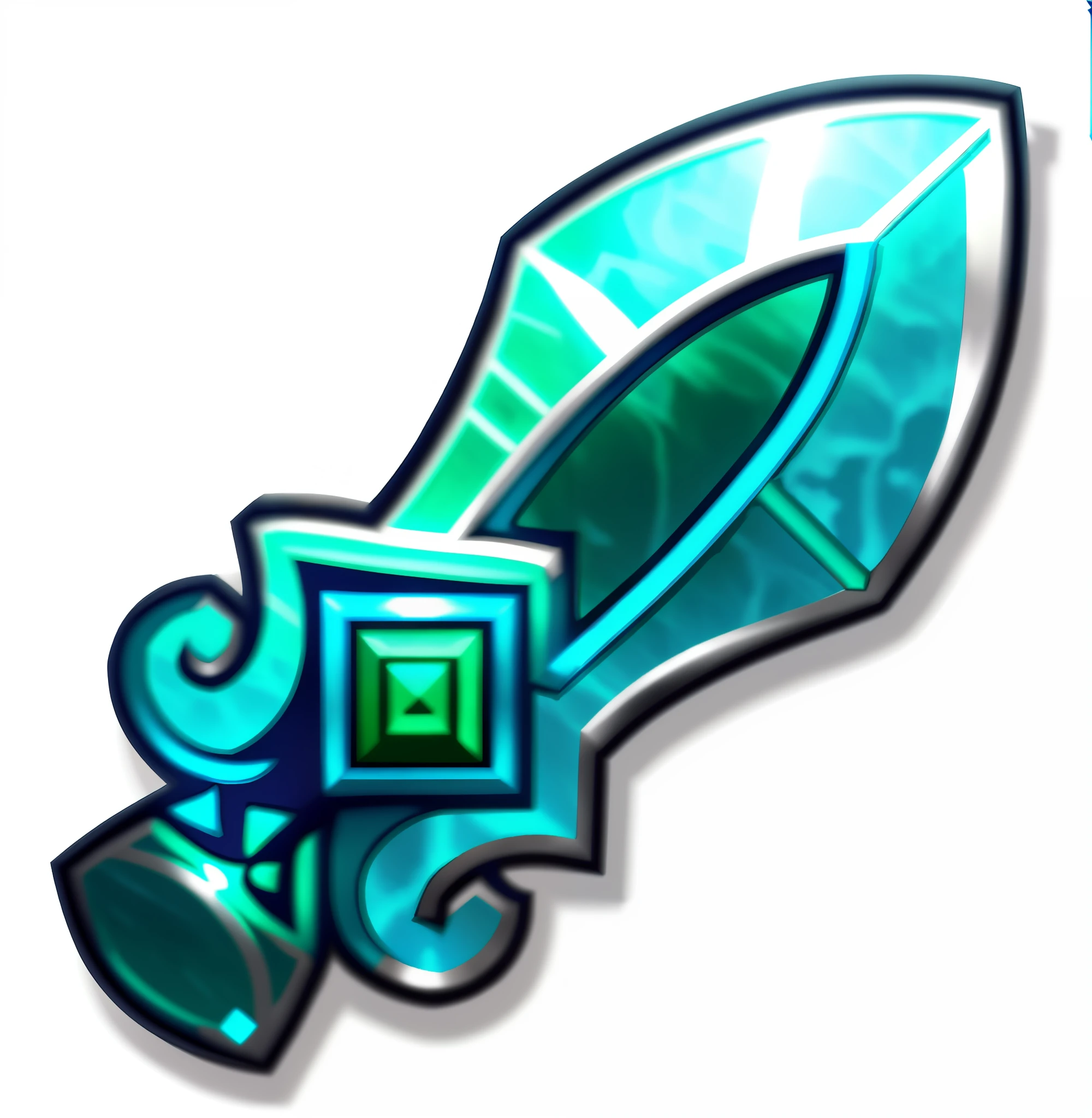 A blue-green sword，There is a green arrow on it, league of legends inventory item, shinning sword, epic legends game icon, legendary item, dazzling gem in the hilt, Glowing sword, magical sword, Magic Sword, rpg item, role-playing game items, fantasy sword, jagged sword, item art, fantasy weapon, fantasy game spell icon, Shining sword