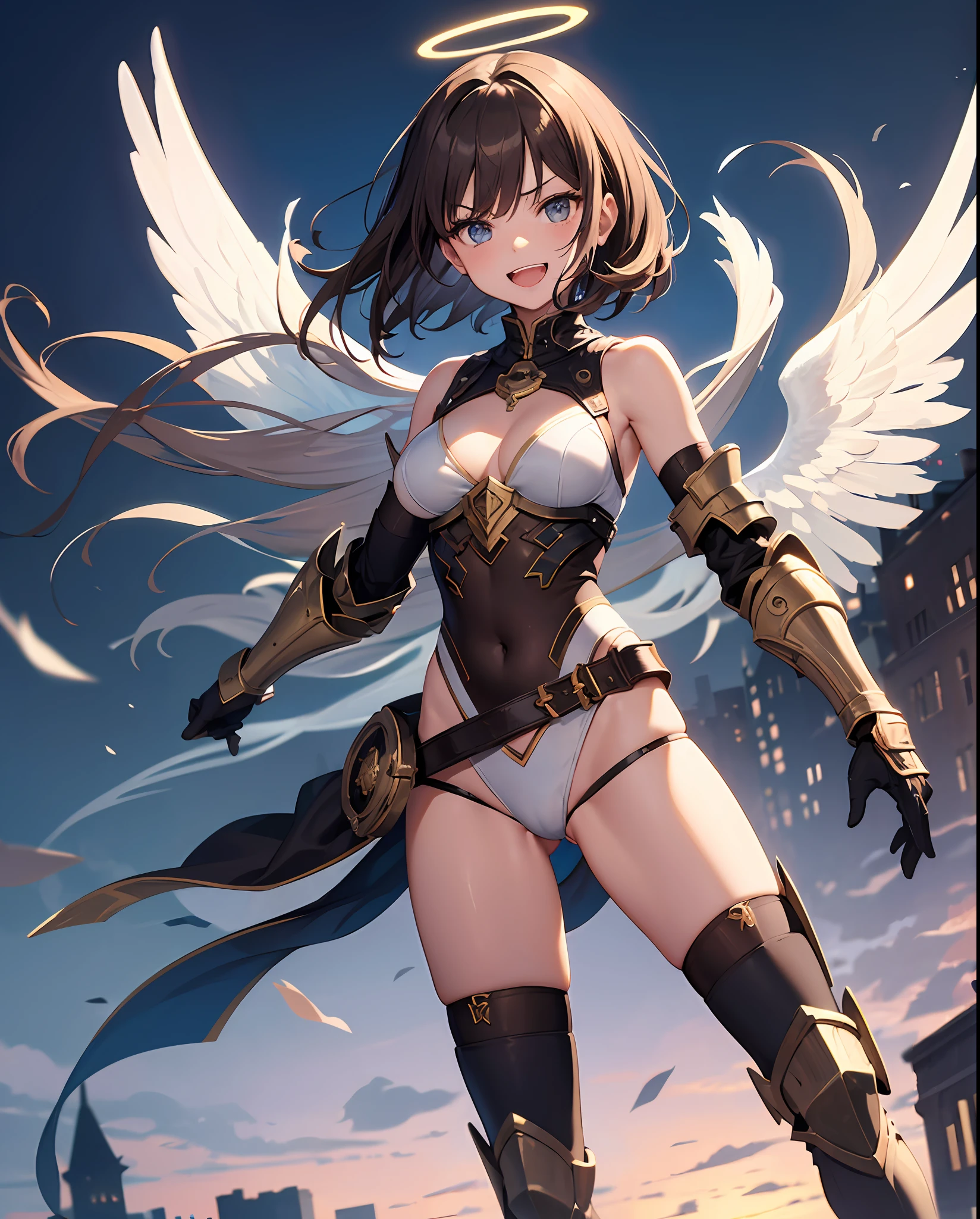 fantasy, 1angel_girl, loli,bwn_hair, medium_bob_hair, long_bangs, halo,bare_shoulder,thighhighs,silver_armor, waist_armor, large_breasts,angry,grinning,open_mouth_teeth, 1pair_wings, dynamic_pose_fighting,floating, bare_crotch, headgear,gauntlet, greaves,city_sky_background,slightly_spread_legs, solo, groin_naked