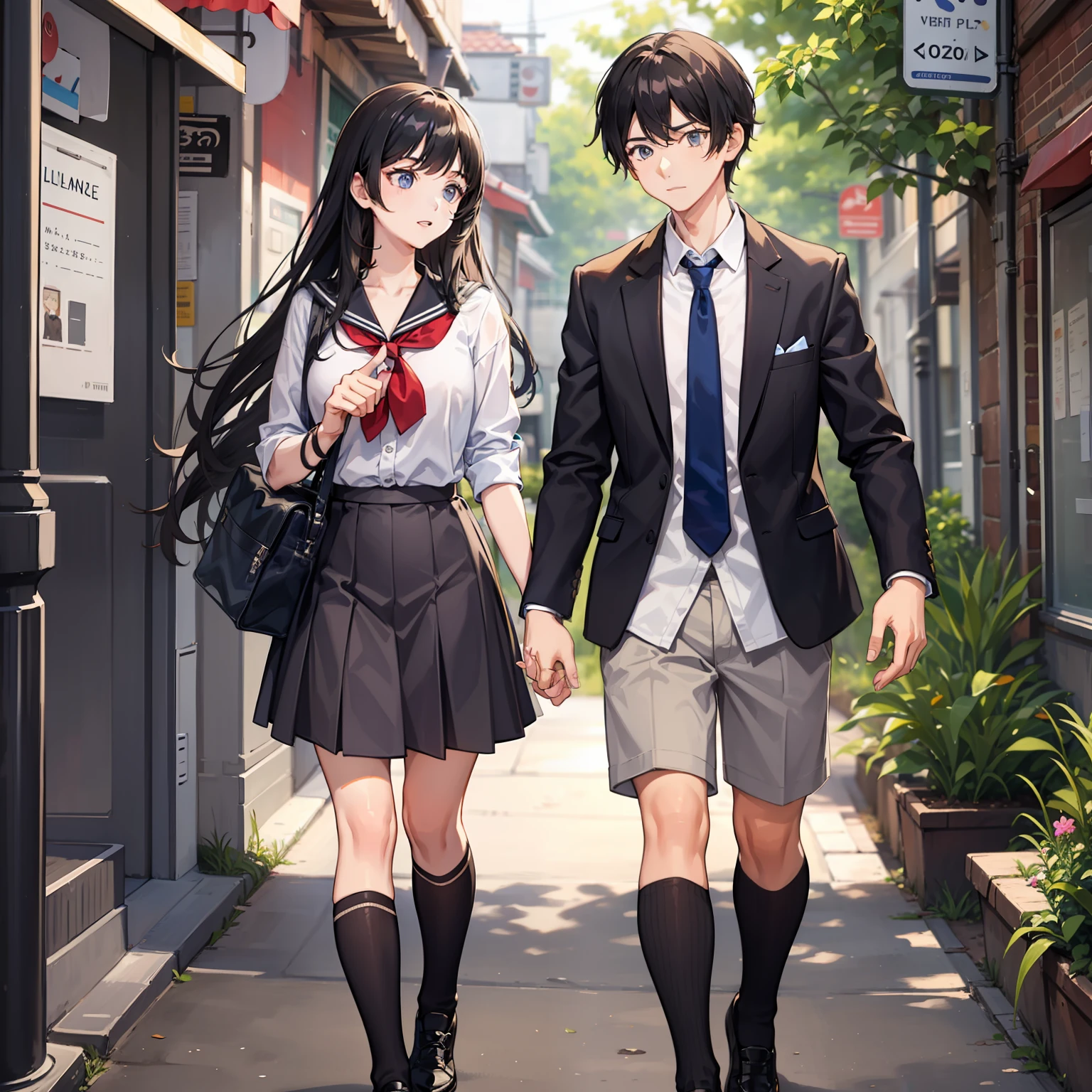 couple, a boy and a girl, the girl with long blond hair, the boy with short black hair, both in school uniform, in the background a path to school