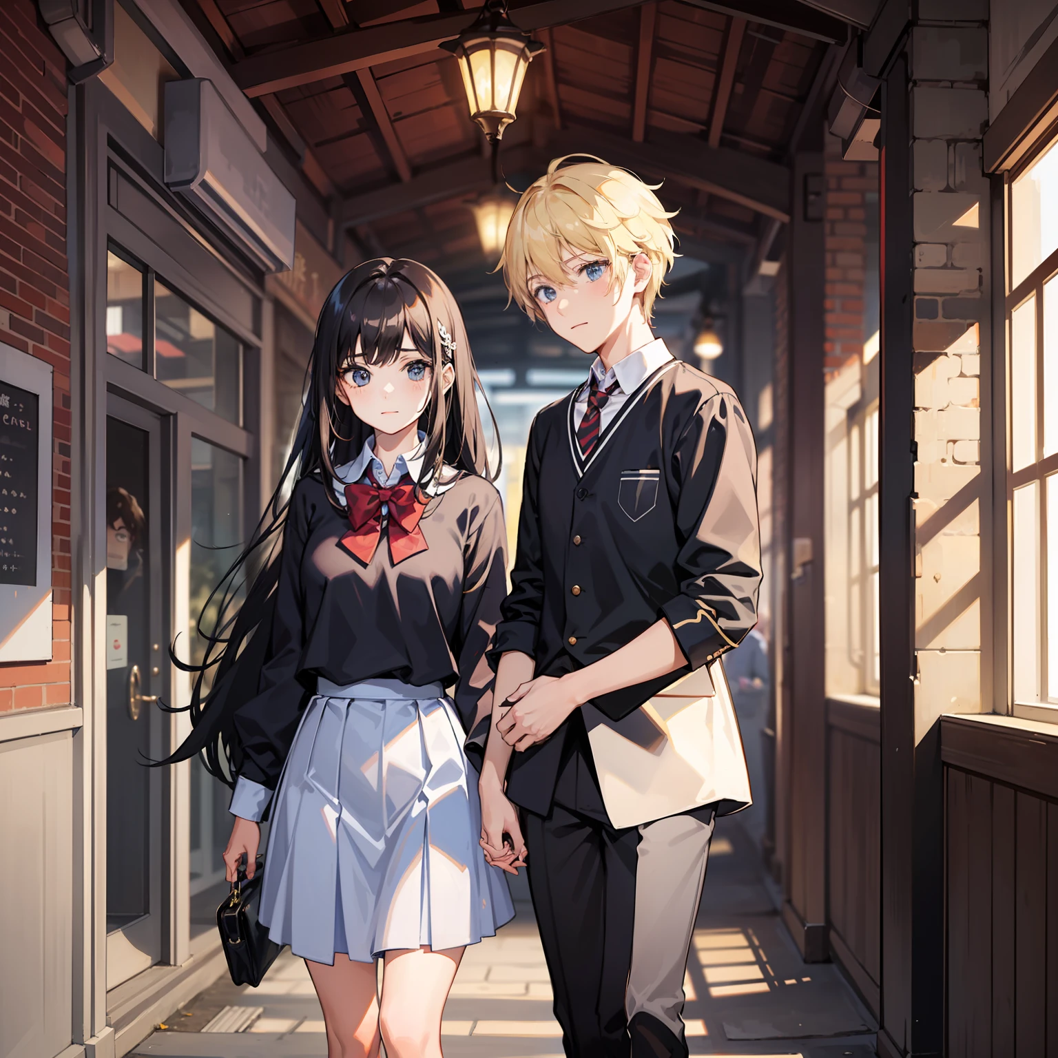 couple, a boy and a girl, the girl with long blond hair, the boy with short black hair, both in school uniform, in the background a path to school