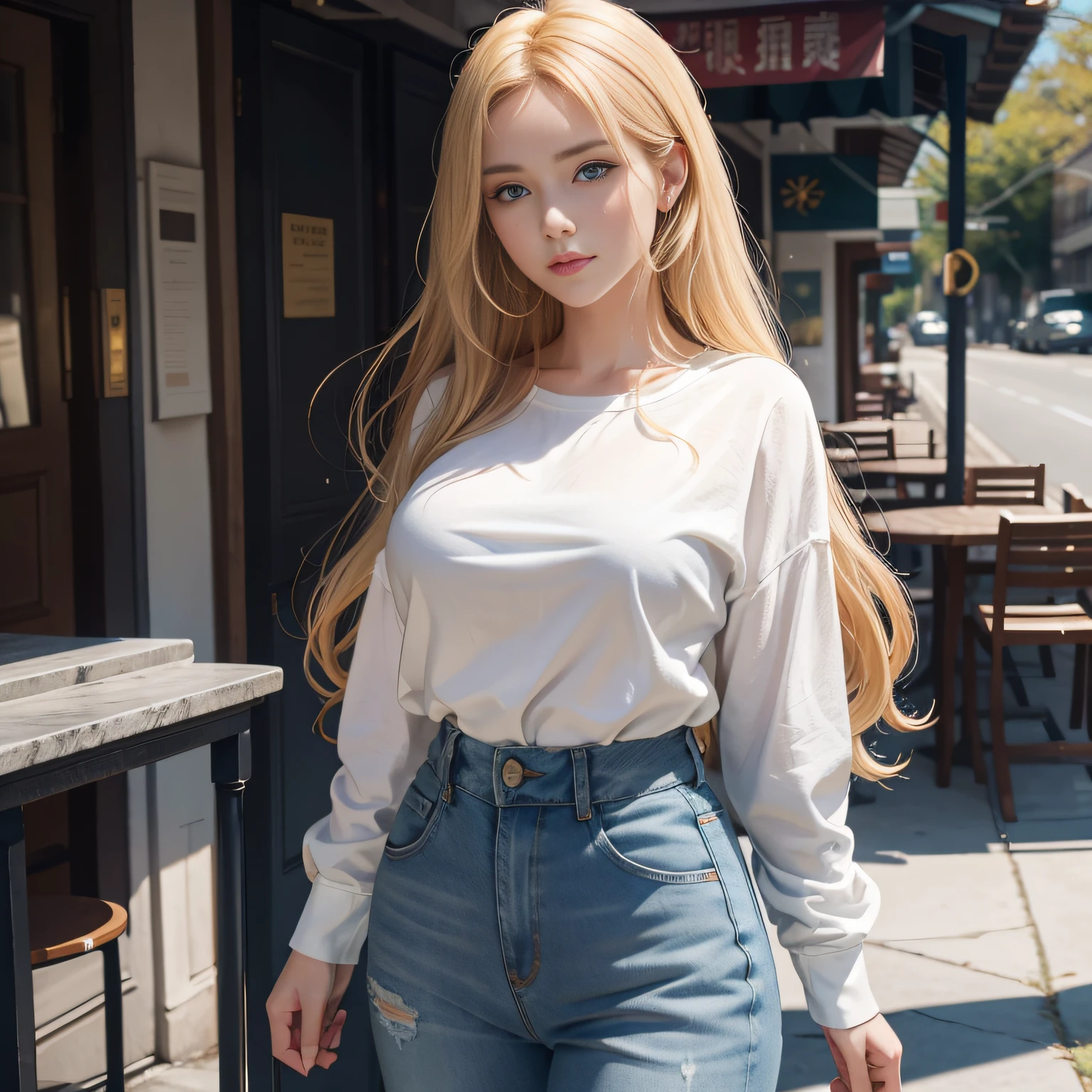 A young girl，golden hair，beautiful detailed blue eyes，（8K，best qualtiy，tmasterpiece：1.2），（realisticlying，realisticlying：1.37），ultra - detailed，best qualtiy，超高分辨率,(Keep your mouth shut)，big breasts enchanting，white  shirt，denim pant