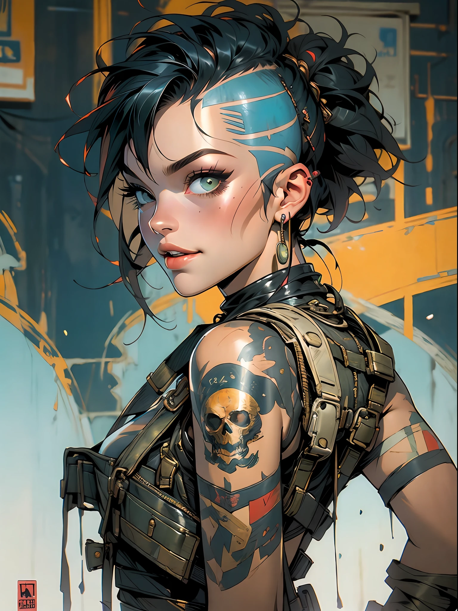 ((( corpo inteiro ))), master part, best quality, super detalhe, 8k, mulher linda, Tank Girl com cara de maluca, sorriso malicioso , cabelo moicano colorido, garota punk, post-apocalyptic world, (( menina do tanque )), Nijistyle, roupas rasgadas e sujas, moicano curto, sides of shaved head, rosto limpo