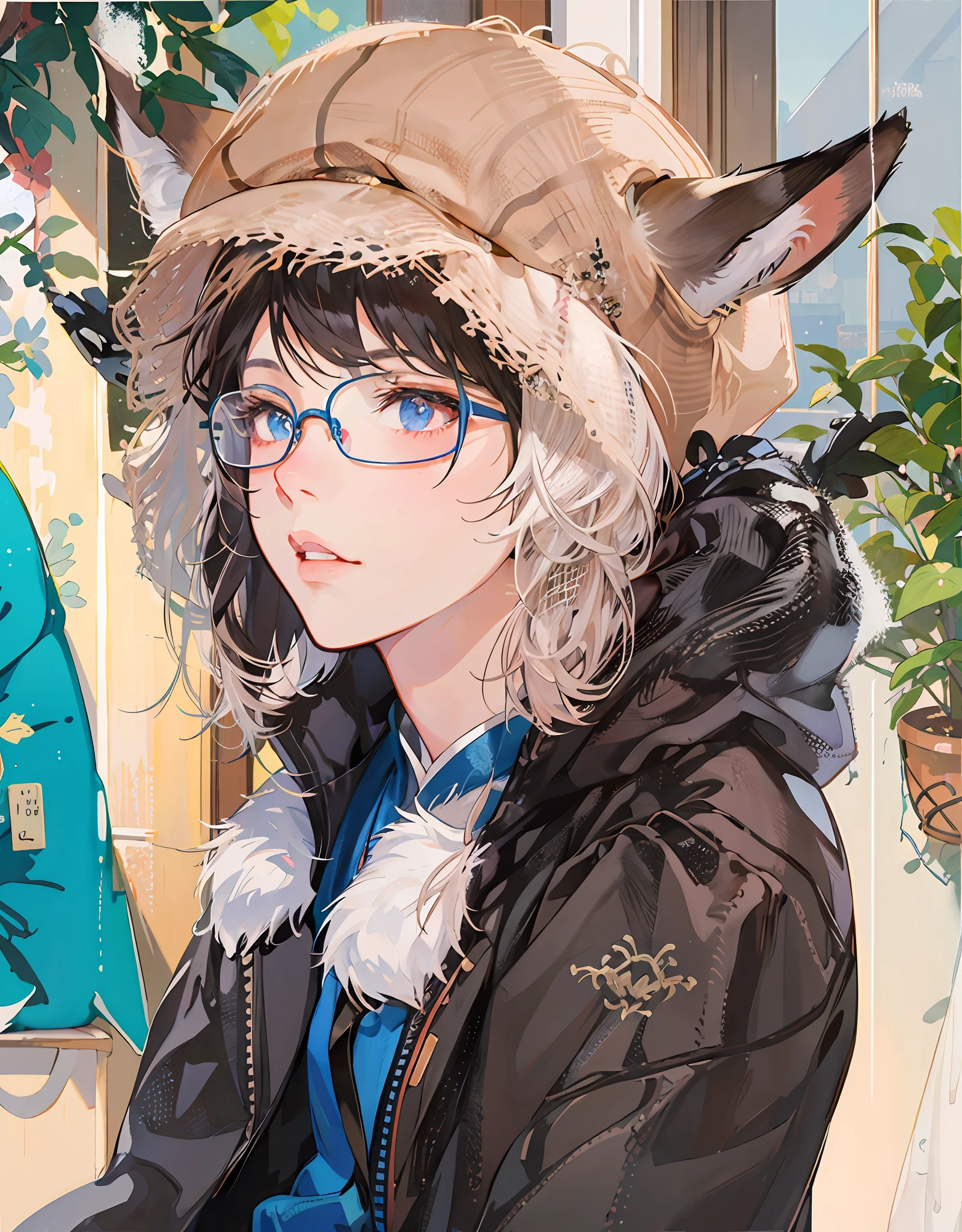 Anime girl sitting in front of the window wearing a furry hat and glasses, Guviz-style artwork, Digital anime illustration, a beautiful anime portrait, Detailed digital anime art, Anime style portrait, anime girl with cat ears, Kawasi, Anime style illustration, Girl with cat ears, Girl with fox ears, style of anime4 K, beautiful anime art style