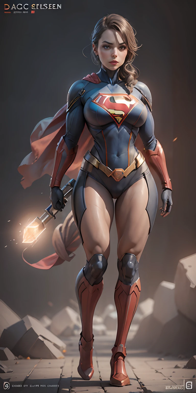 Supergirl from DC, big breasts, frontal, full-length, looking at the camera, facing the audience, standing pose, simple background, three-dimensional light, detailed full-body concept, sleek digital concept art, beautiful full-body concept art, art trend, CGsociety full-length,