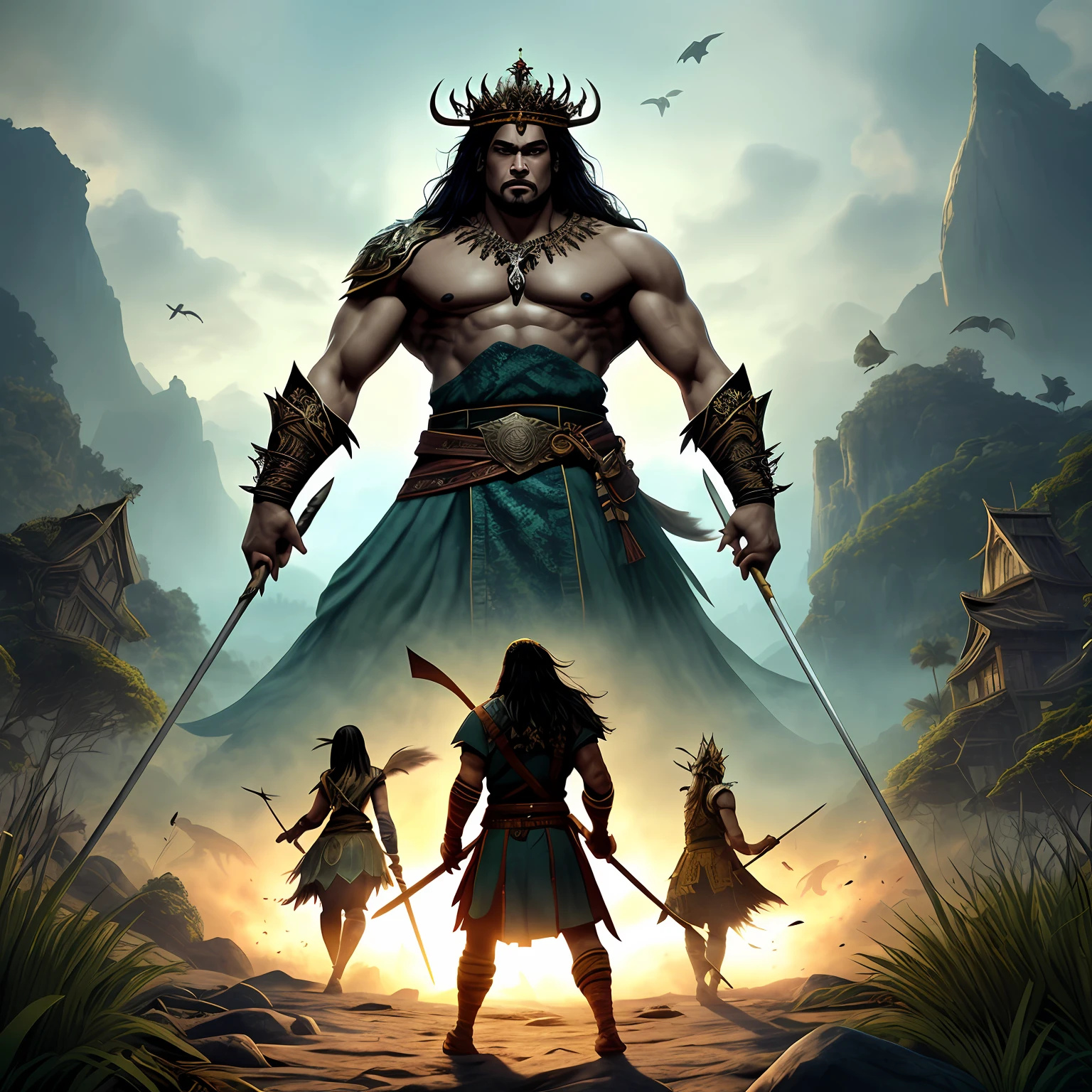 Create cover a REI and Add illustrations of an island with some god-like monsters in the background Place the King in the center wearing a beautiful and unique crown Position a woman with long black hair behind the King Include a handsome warrior with a sword in his hand next to the woman Put a caraco-haired black warrior who appears to be from an ancestral tribe Add another archer character next to the warrior black Include one more strong warrior taking off his armor Dress all the characters in very different and distinct outfits Add some birds flying over the island Insert several people running and running away from the monsters/Deuses Usar letras bonitas e diferentes para escrever. IP 4K realista