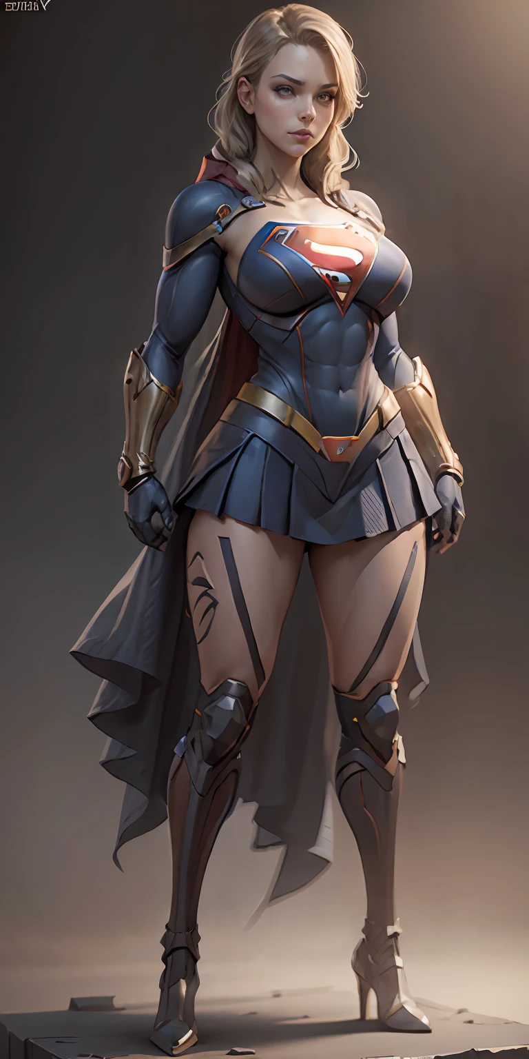 Supergirl from DC, big breasts, frontal, full-length, looking at the camera, facing the audience, standing pose, simple background, three-dimensional light, detailed full-body concept, sleek digital concept art, beautiful full-body concept art, art trend, CGsociety full-length,