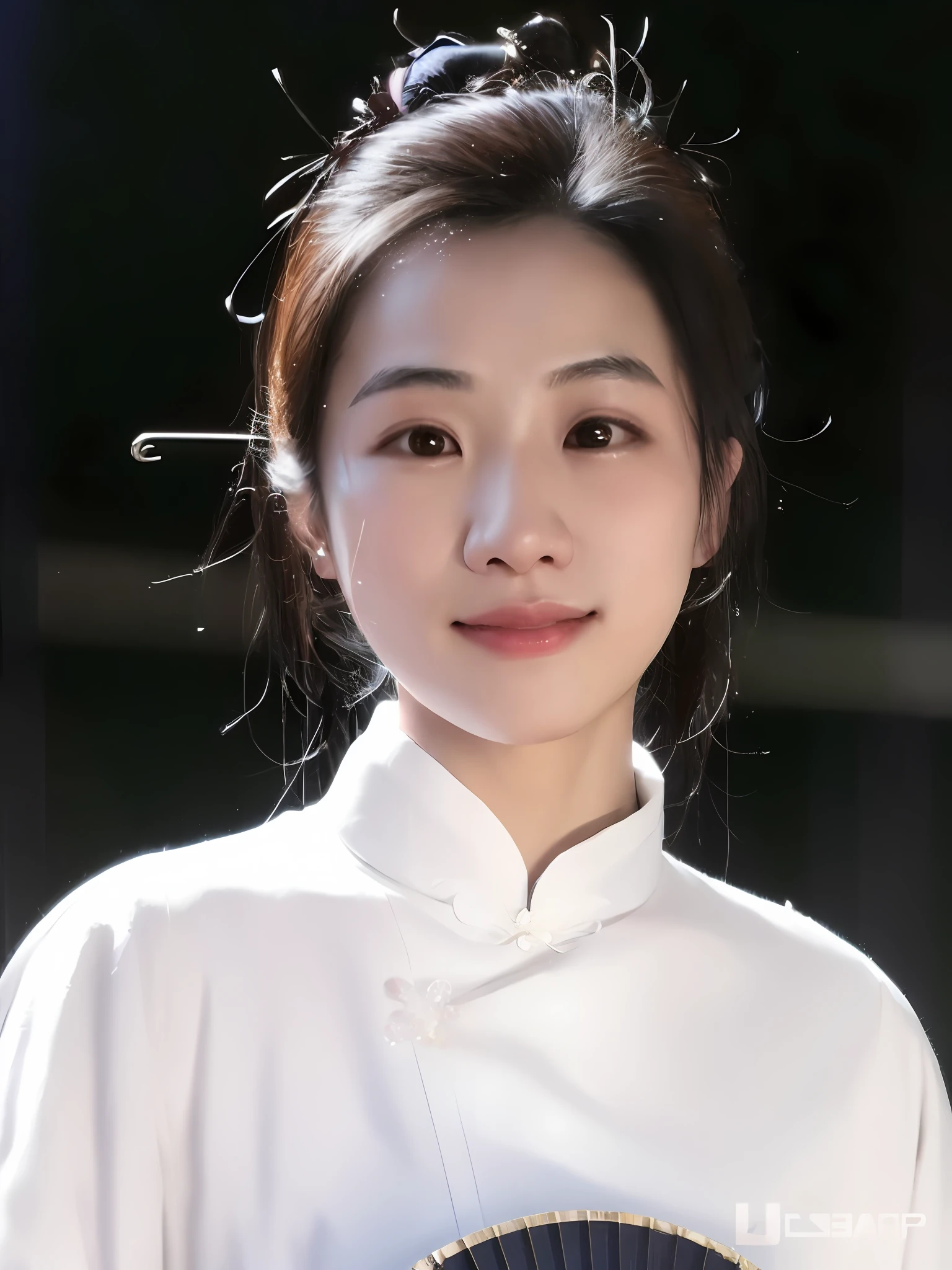 Close-up of a woman in a white shirt holding a fan, Yun Ling, yin zhen chu, Zhang Pengzhen, xue han, xintong chen, wenfei ye, song nan li, inspired by Zhang Zeduan, chengyou liu, Qiu Fang, lei min, Lin Qifeng, Zhang Wanting, mingchen shen, mei-ling zhou