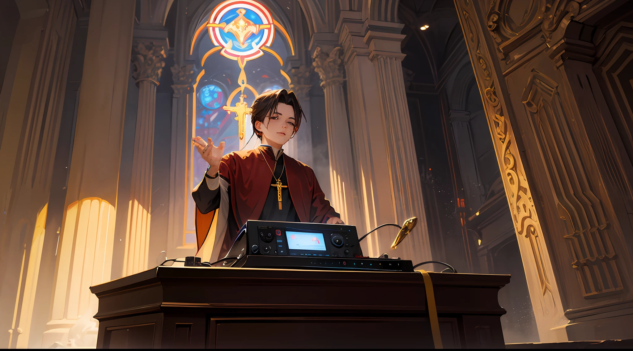 buda dj mezclando musica en un templo junto a una sacerdotisa tantrica joven con tatuajes ,percings y una mascara de iron man foto ultra realista --auto