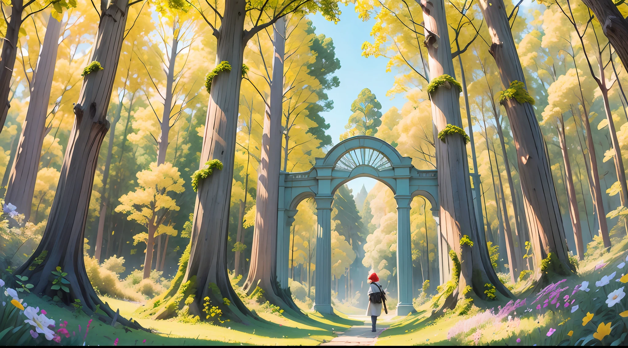 um desenho infantil com uma floresta celestial com cachoeiras, A Golden Gate, com um anjo na entrada com a espada de fogo guardando a entrada da floresta --auto --s2