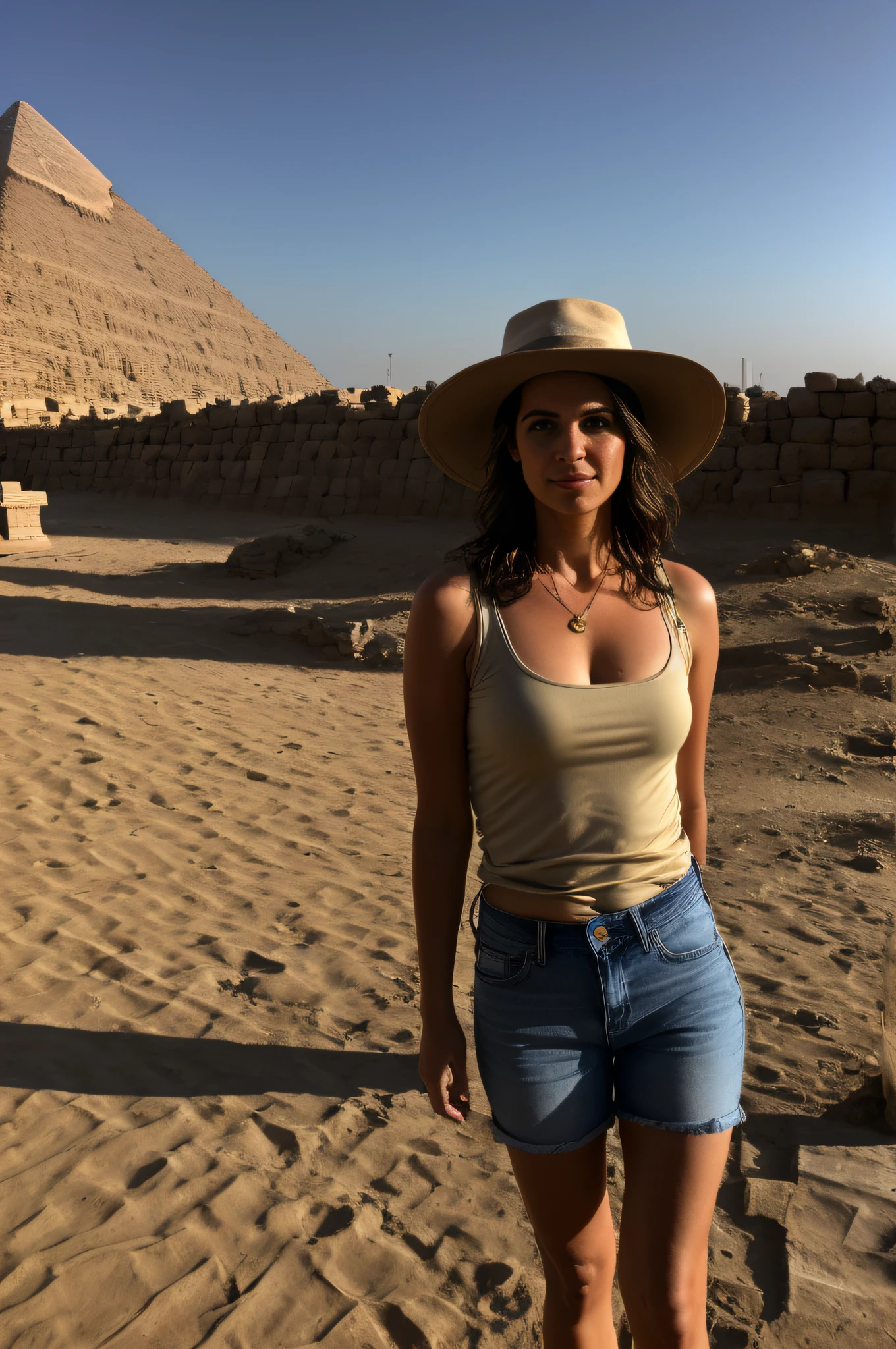"((hiper realista, fotorrealista, 8k, detalhes intrincados)), 1 a beautiful archaeologist woman with blue eyes and brown hair, seios fartos, coxas grossas, corpo suado (humid), wearing a beige safari hat, uma camisa bege de manga curta e um shortinho jeans, posing for a photo next to the great pyramid of Giza (dim lighting, escura, humid environment, Sombras realistas)."