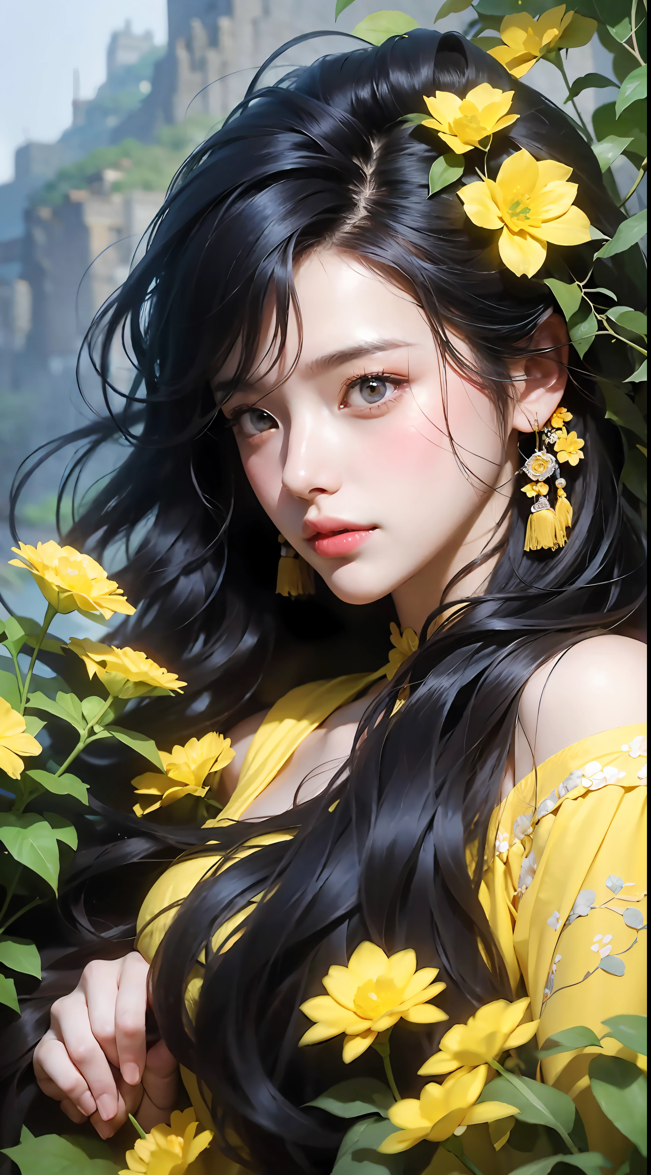 1 girl, upper body portrait close-up, black hair, flowing hair, hazy beauty, extremely beautiful facial features, yellow embroidered dress, hairpins on the head, lying in a bush, purple flowers, (spring, rainy days, terraces, mountains), simple vector art, contemporary Chinese art, soft light, layered form, overlook