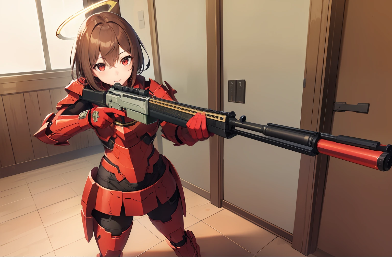 1 girl, solo, Mutsuki from Kancolle, (((red spartan armor from halo))), confident expression, sparkling eyes, (masterpiece), best quality, full body, small breasts, brown hair with red highlights, tall, short hair, hair between eyes, red eyes, standing, (((1 shotgun))), ((aiming shotgun)),